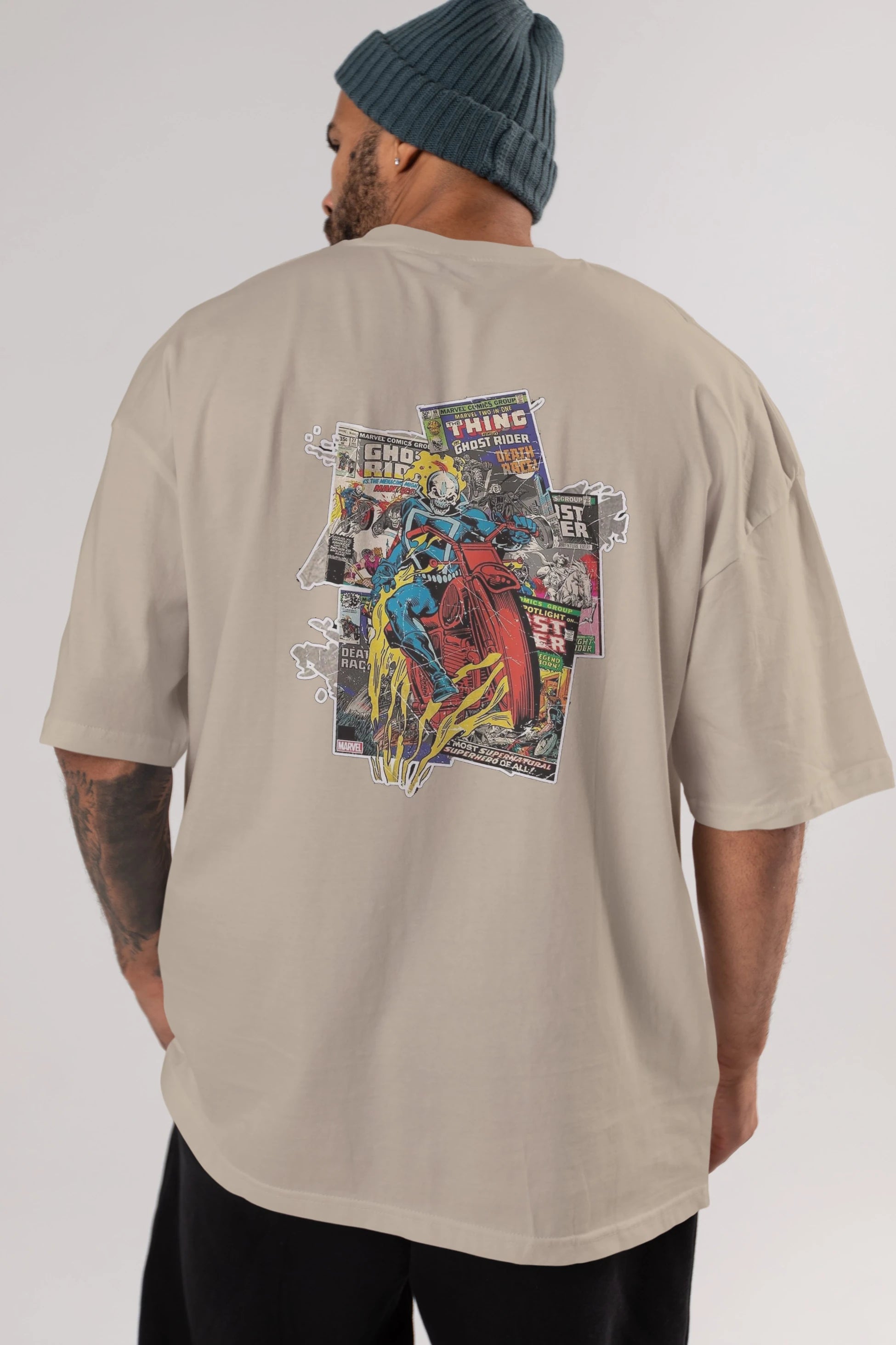 Ghost Rider Arka Baskılı Oversize t-shirt Erkek Kadın Unisex %100 Pamuk Bisiklet Yaka tişort