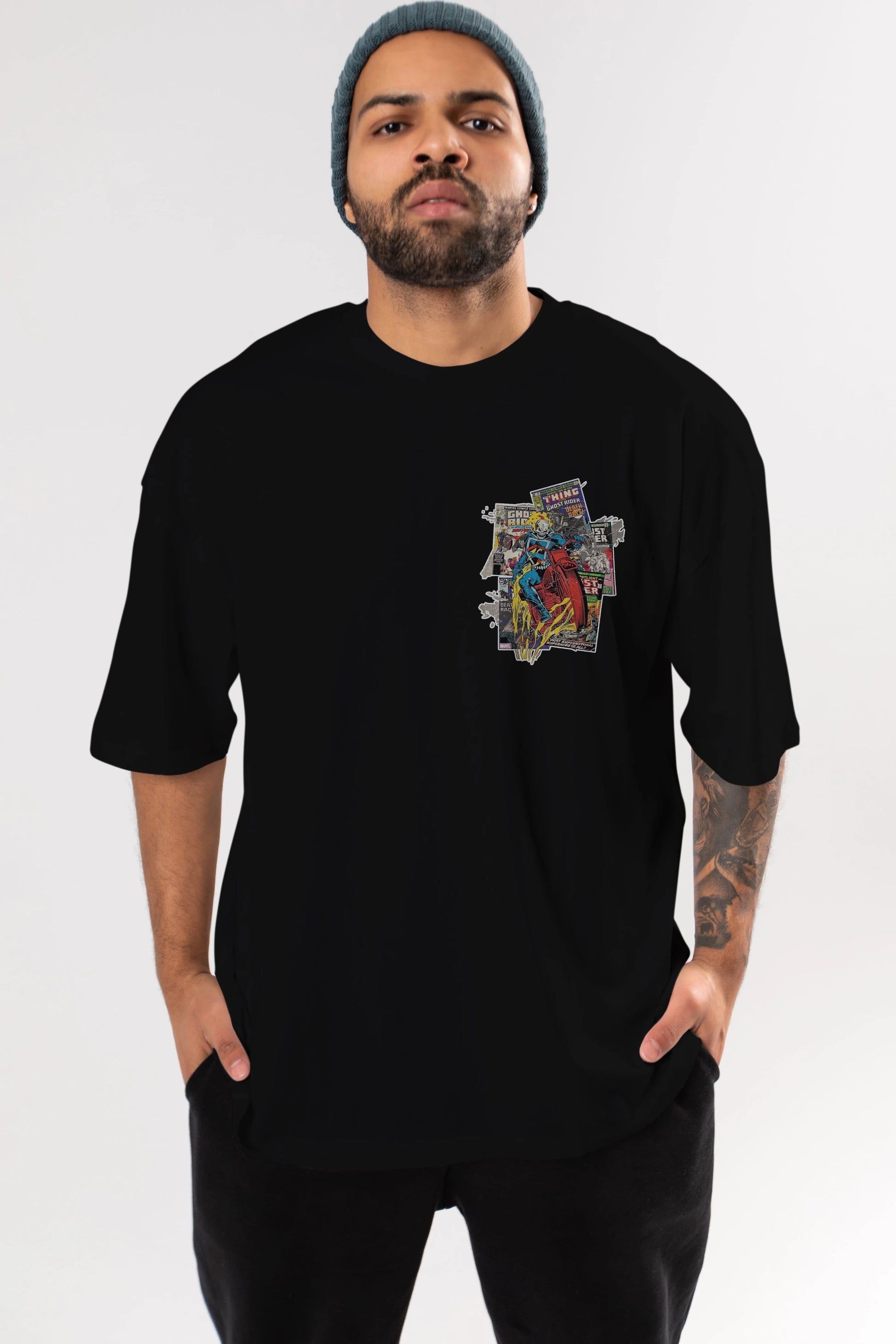 Ghost Rider Ön Sol Baskılı Oversize t-shirt Erkek Kadın Unisex %100 Pamuk Bisiklet Yaka tişort