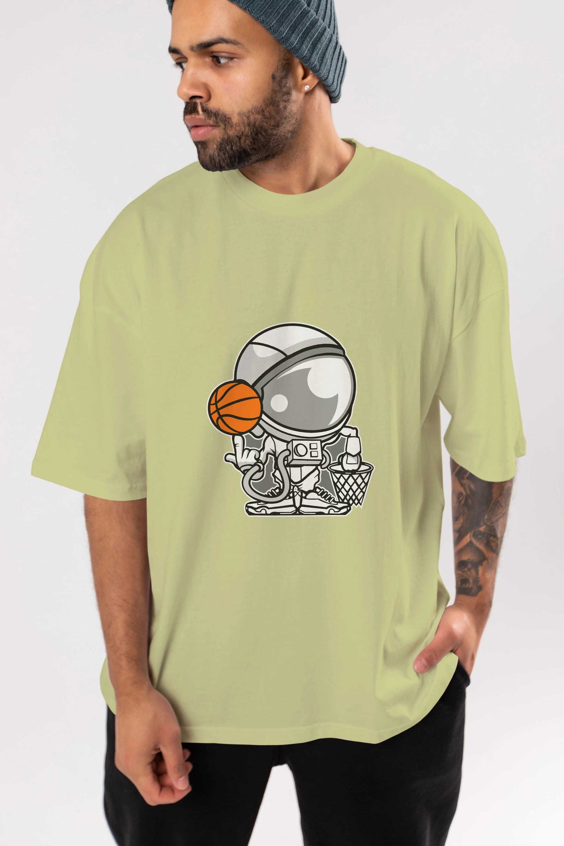 Astronaut Basketball Ön Baskılı Oversize t-shirt Erkek Kadın Unisex %100 Pamuk tişort