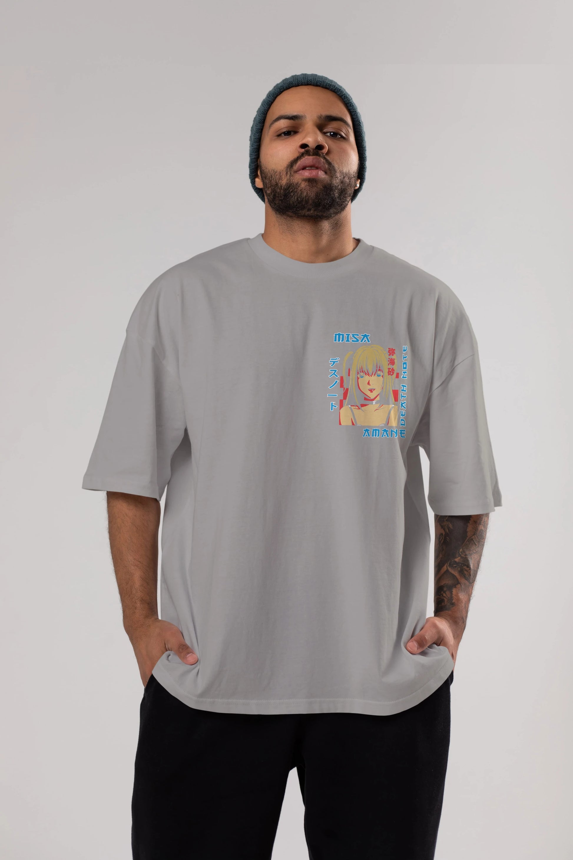 MISA-DEATH NOTE Ön Sol Baskılı Oversize t-shirt Erkek Kadın Unisex %100 Pamuk Bisiklet Yaka tişort