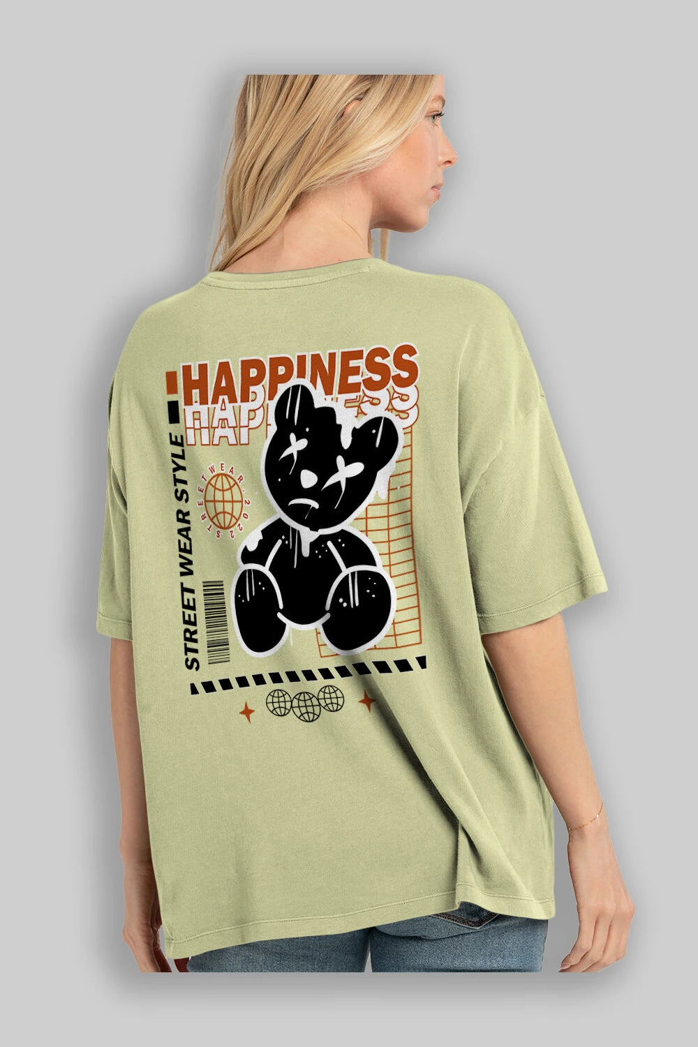 Happiness Bear 2 Arka Baskılı Oversize t-shirt Erkek Kadın Unisex