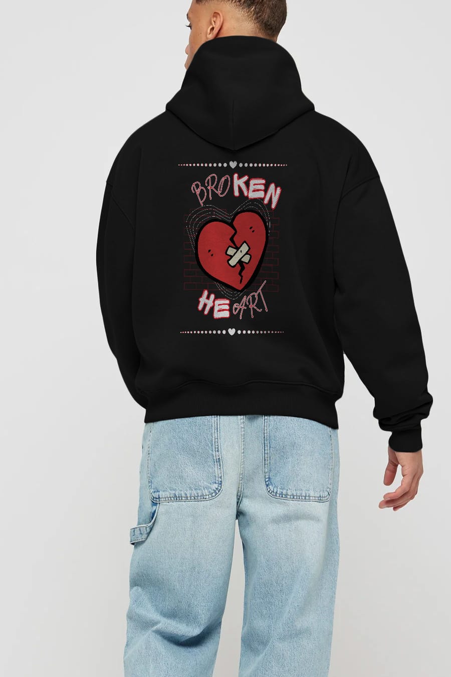 Broken Heart Yazılı Arka Baskılı Oversize Hoodie Kapüşonlu Sweatshirt Erkek Kadın Unisex