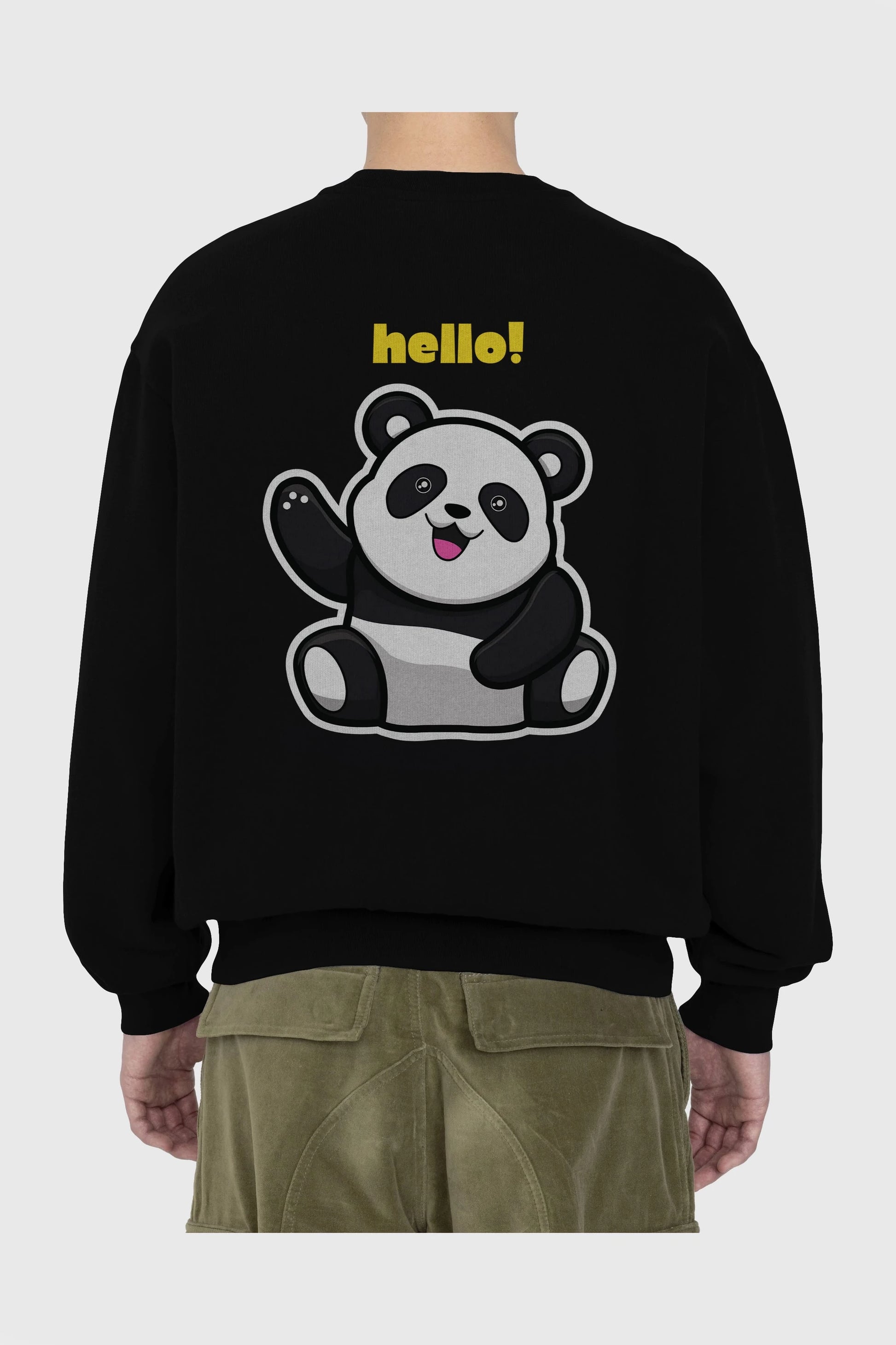 Hello Panda Arka Baskılı Oversize Sweatshirt Erkek Kadın Unisex