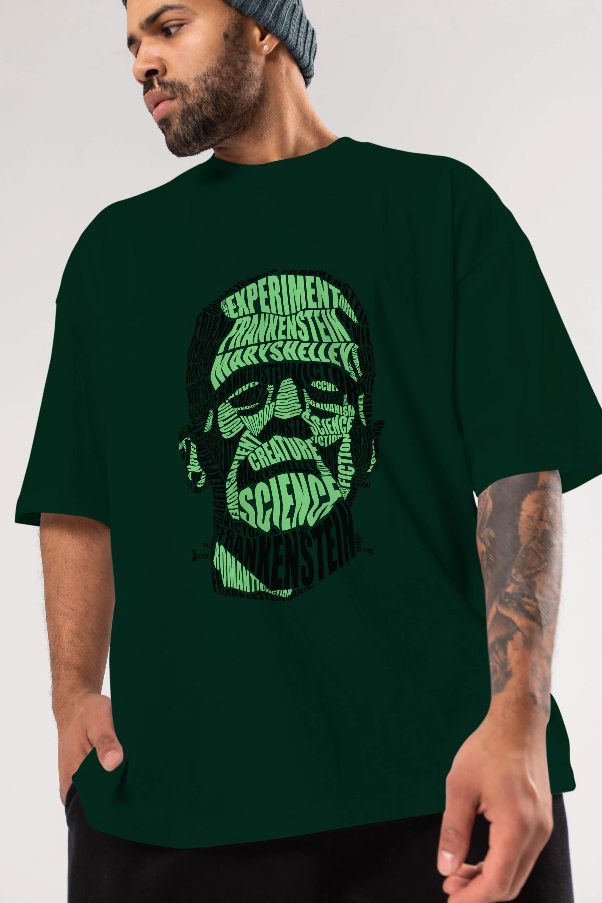 Frankenstein Calligram Ön Baskılı Oversize t-shirt %100 pamuk Erkek Kadın Unisex