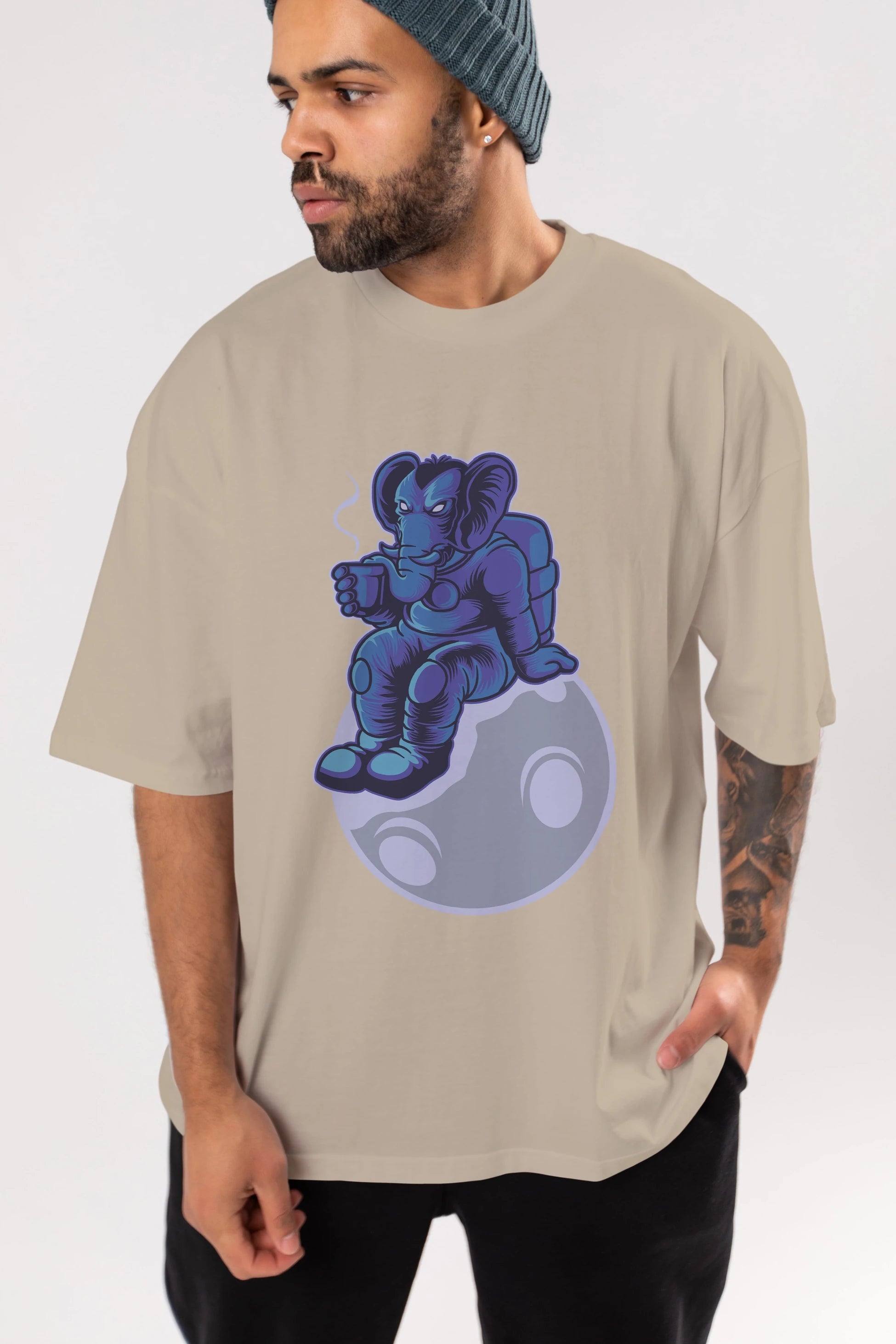 Space Elephant Drink Coffee Ön Baskılı Oversize t-shirt Erkek Kadın Unisex