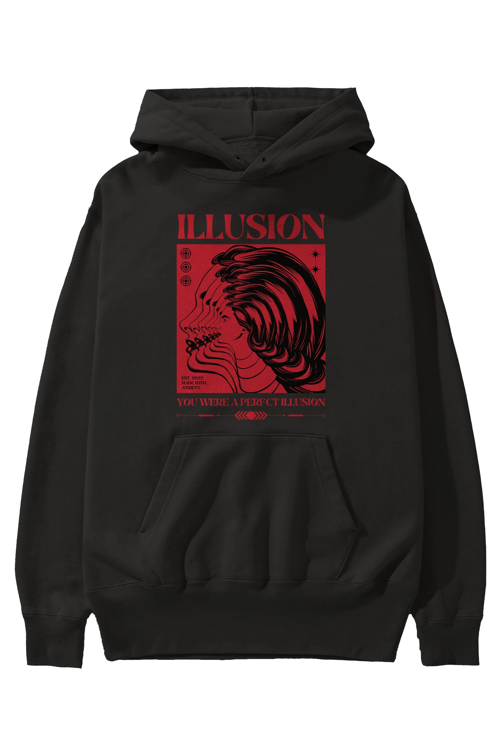 Illusion Streetwear Ön Baskılı Oversize Hoodie Kapüşonlu Sweatshirt Erkek Kadın Unisex