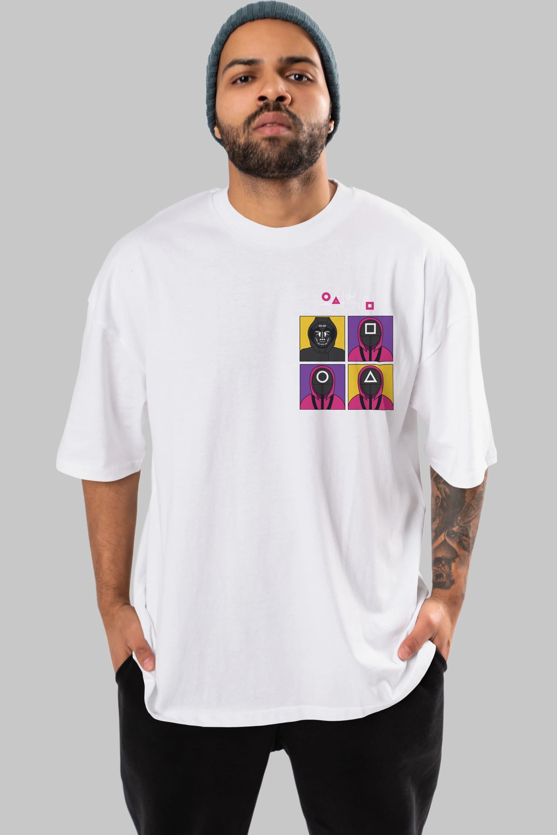 Squid Game (1) Ön Sol Baskılı Oversize t-shirt Erkek Kadın Unisex %100 Pamuk Bisiklet Yaka tişort
