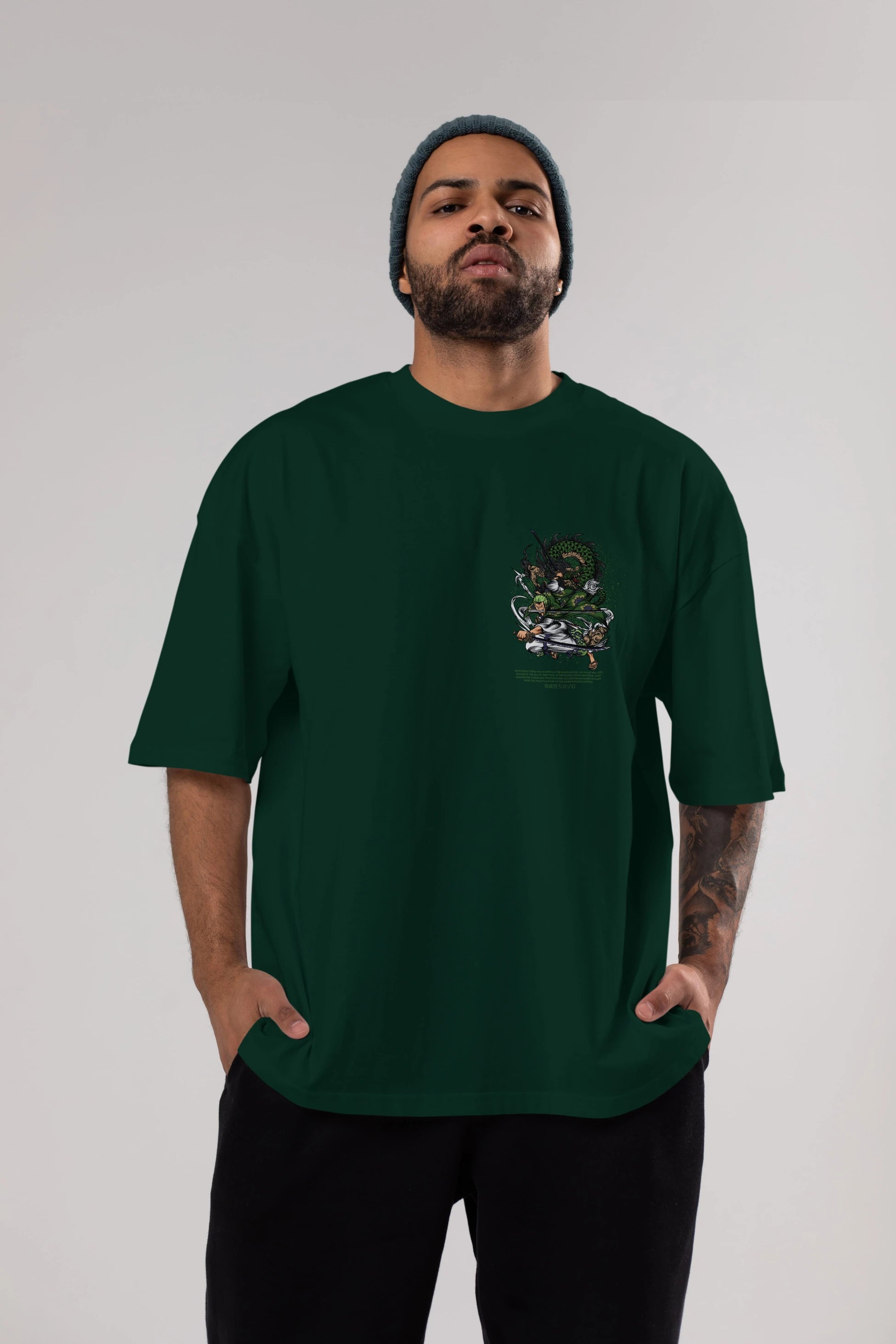 Zoro-ONE PIECE Ön Sol Baskılı Oversize t-shirt Erkek Kadın Unisex %100 Pamuk Bisiklet Yaka tişort