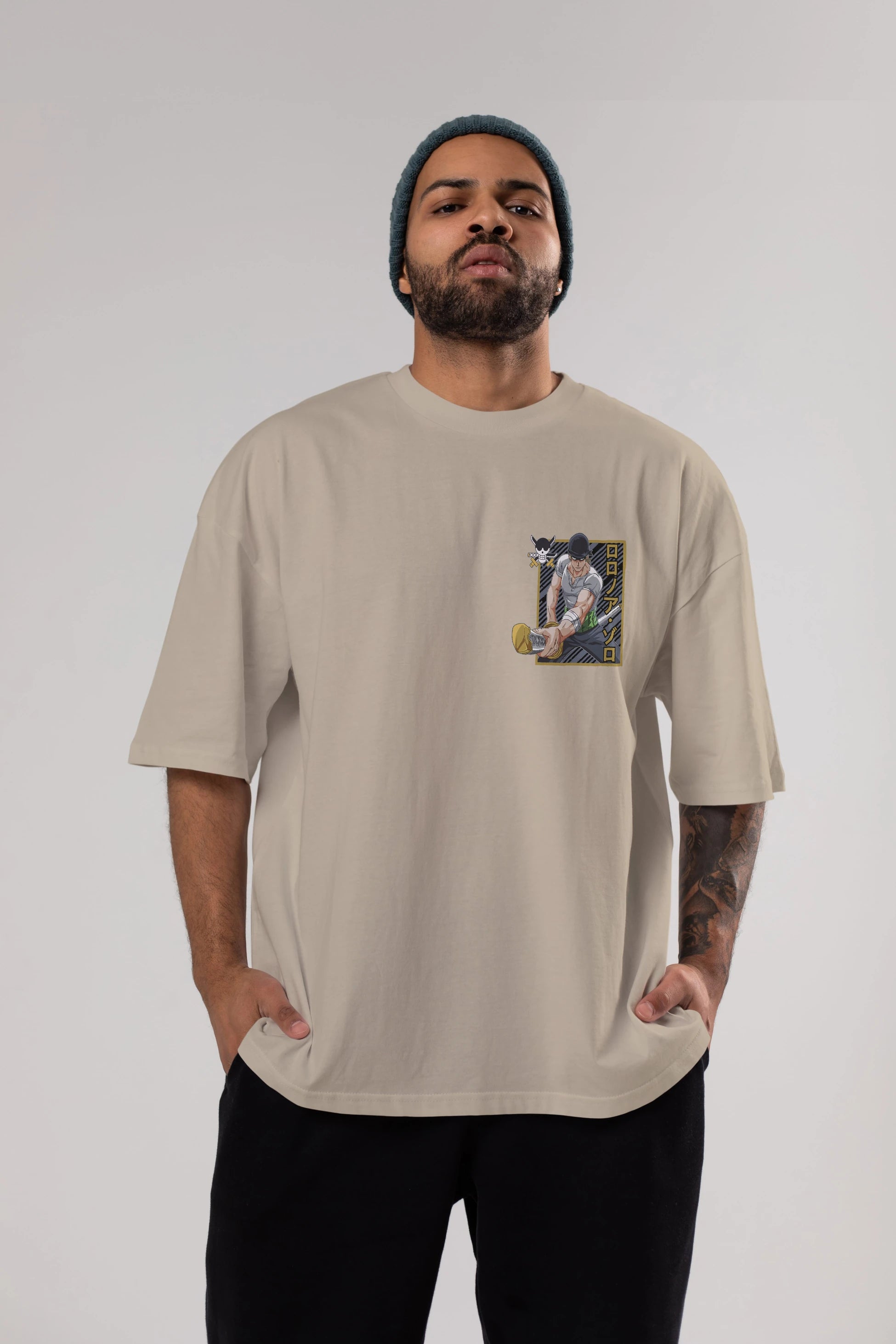 RORONOA ZORO Ön Sol Baskılı Oversize t-shirt Erkek Kadın Unisex %100 Pamuk Bisiklet Yaka tişort