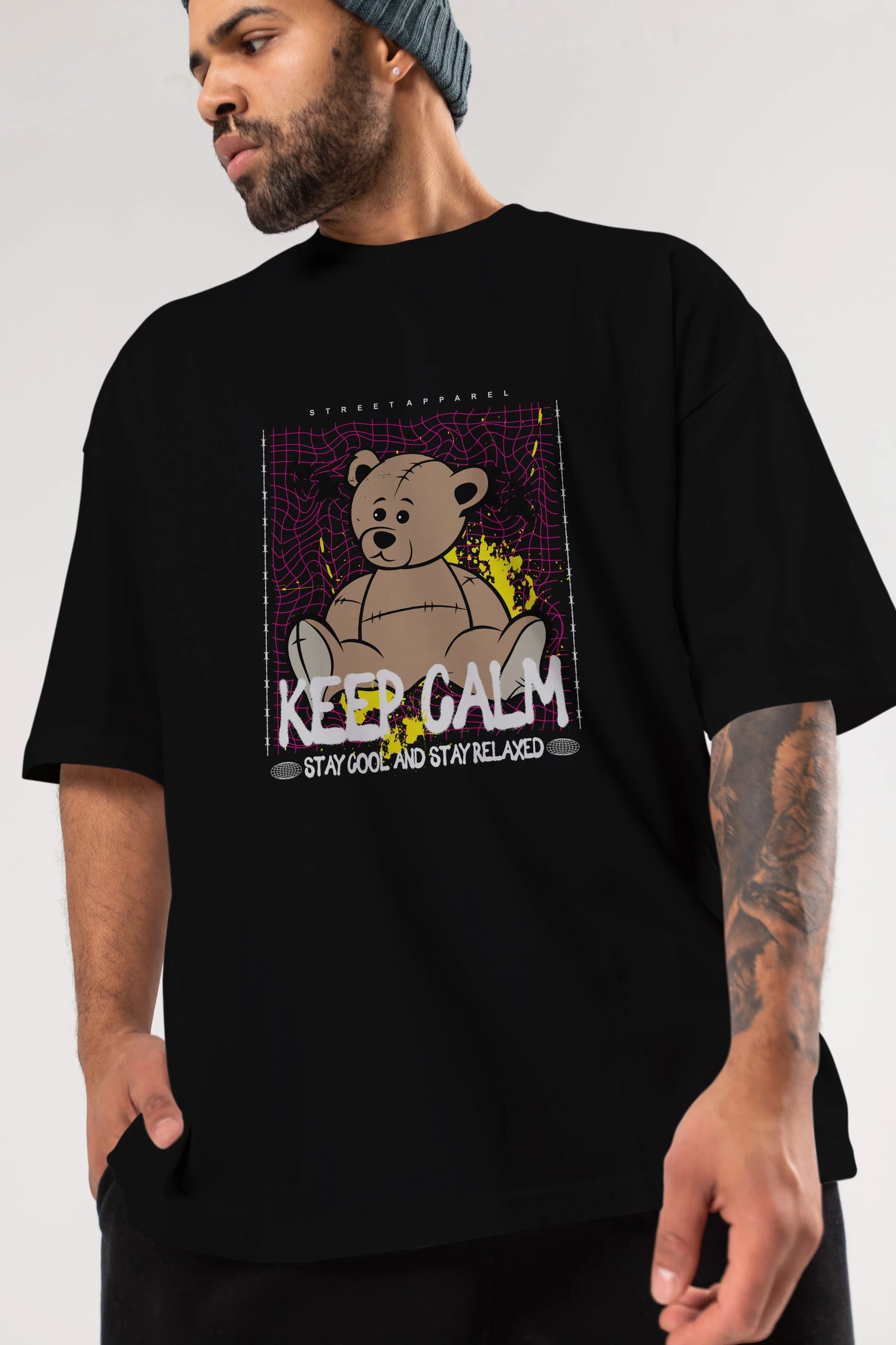 Keep Calm Bear Ön Baskılı Oversize t-shirt Erkek Kadın Unisex