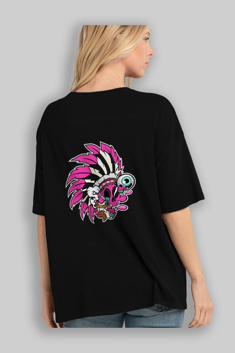 Skull Indian Arka Baskılı Oversize t-shirt Erkek Kadın Unisex %100 Pamuk tişort