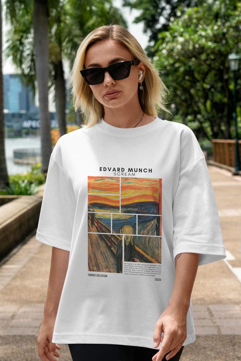 Edvard Munch Scream ön Baskılı Oversize t-shirt Erkek Kadın Bisiklet Yaka Pamuk tişort