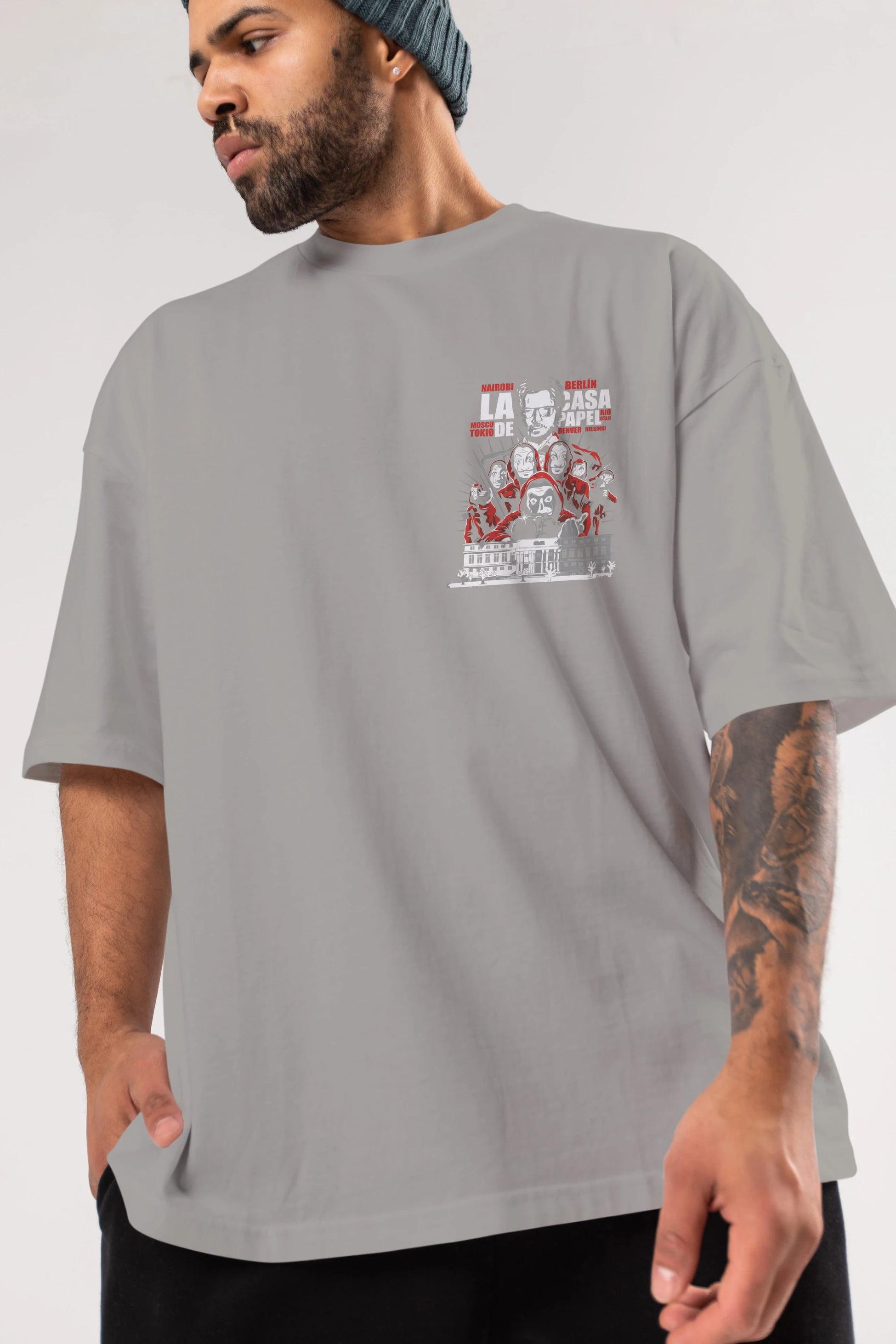 La Casa De Papel (2) Ön Sol Baskılı Oversize t-shirt Erkek Kadın Unisex %100 Pamuk Bisiklet Yaka tişort