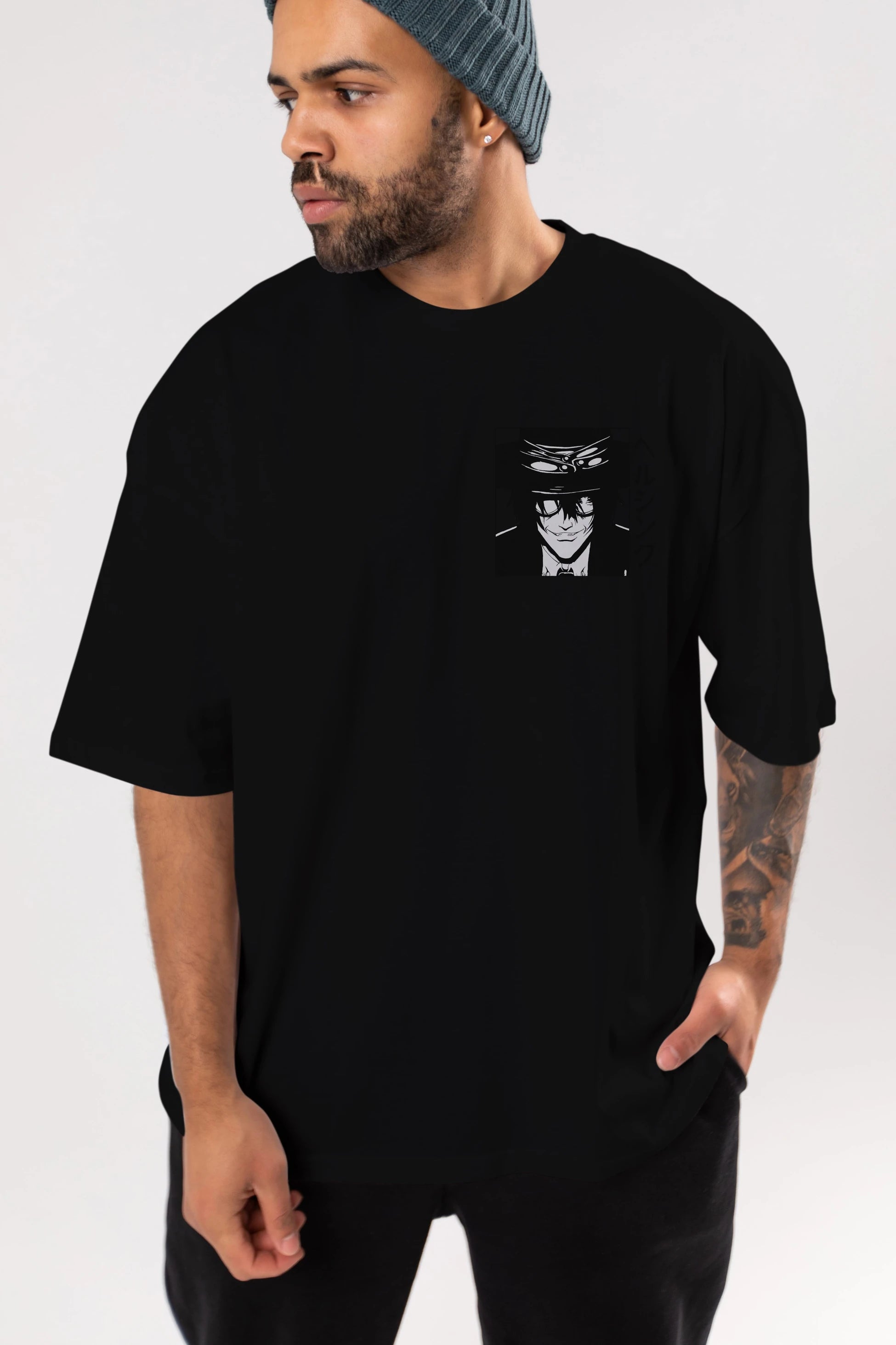 Alucard 1 Ön Sol Baskılı Oversize t-shirt Erkek Kadın Unisex %100 Pamuk Bisiklet Yaka tişort