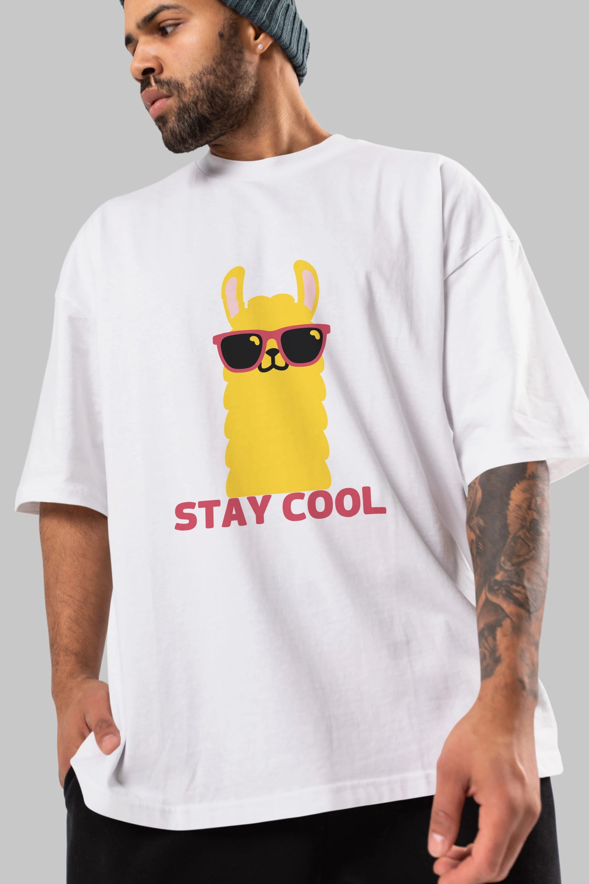 Stay Cool Yazılı Lama Ön Baskılı Oversize t-shirt Erkek Kadın Unisex