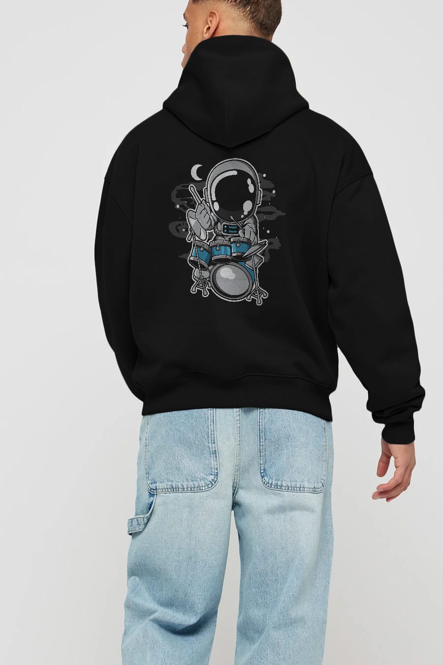 Astronaut Drummer Arka Baskılı Hoodie Oversize Kapüşonlu Sweatshirt Erkek Kadın Unisex