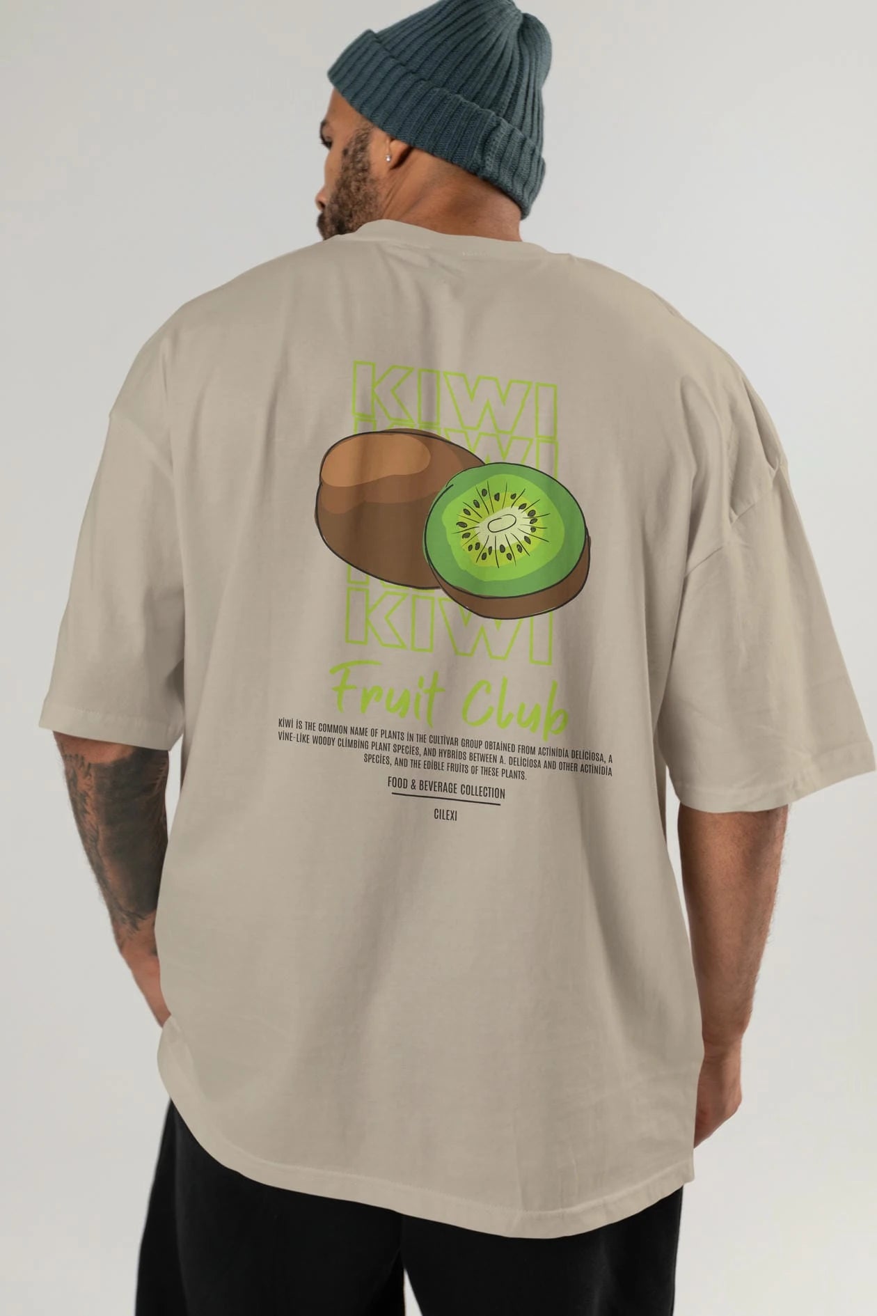 Kiwi Arka Baskılı Oversize t-shirt Erkek Kadın Pamuk Bisiklet Yaka tişort