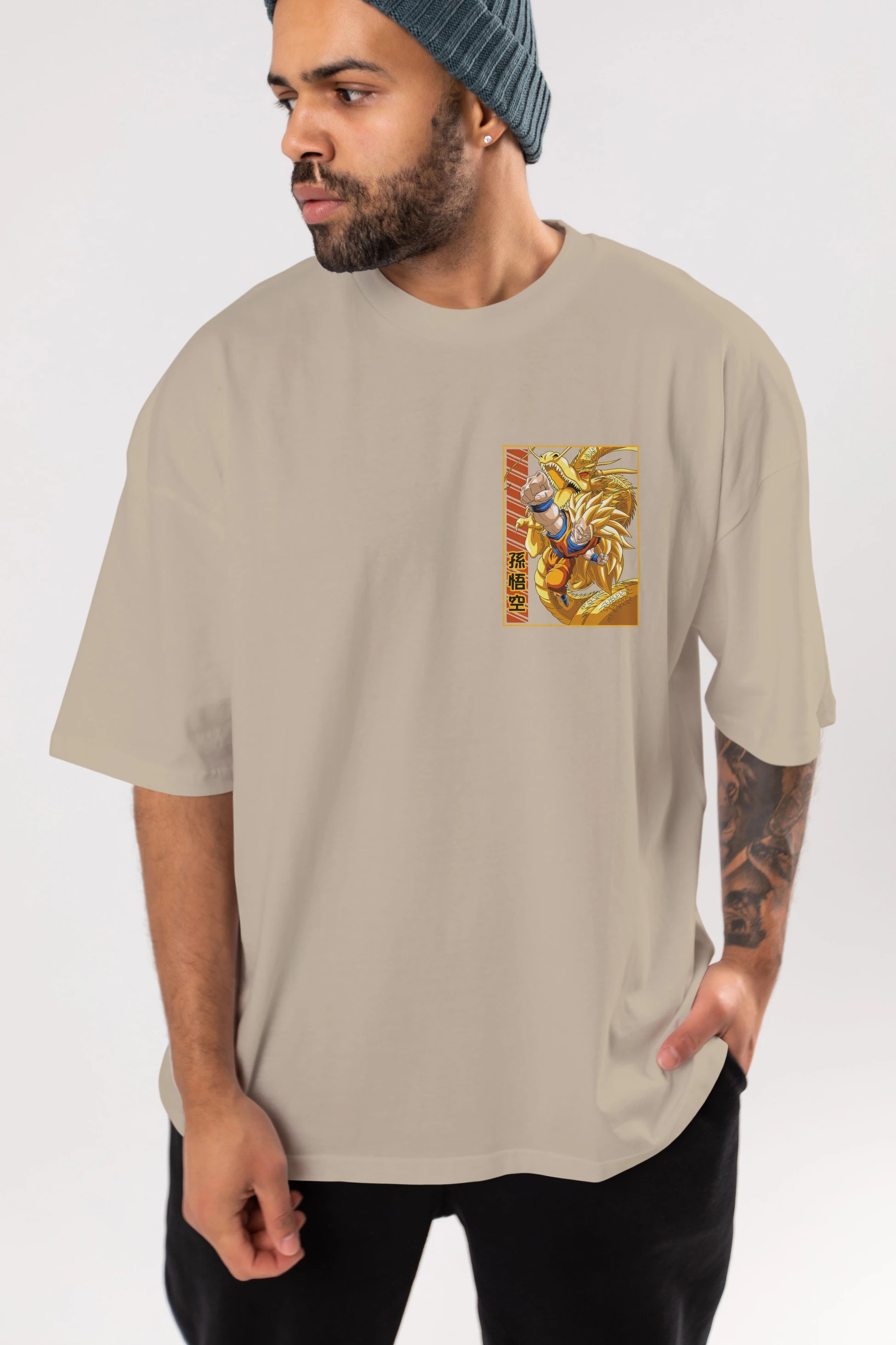 DragonBall Goku Ön Sol Baskılı Oversize t-shirt Erkek Kadın Unisex %100 Pamuk Bisiklet Yaka tişort