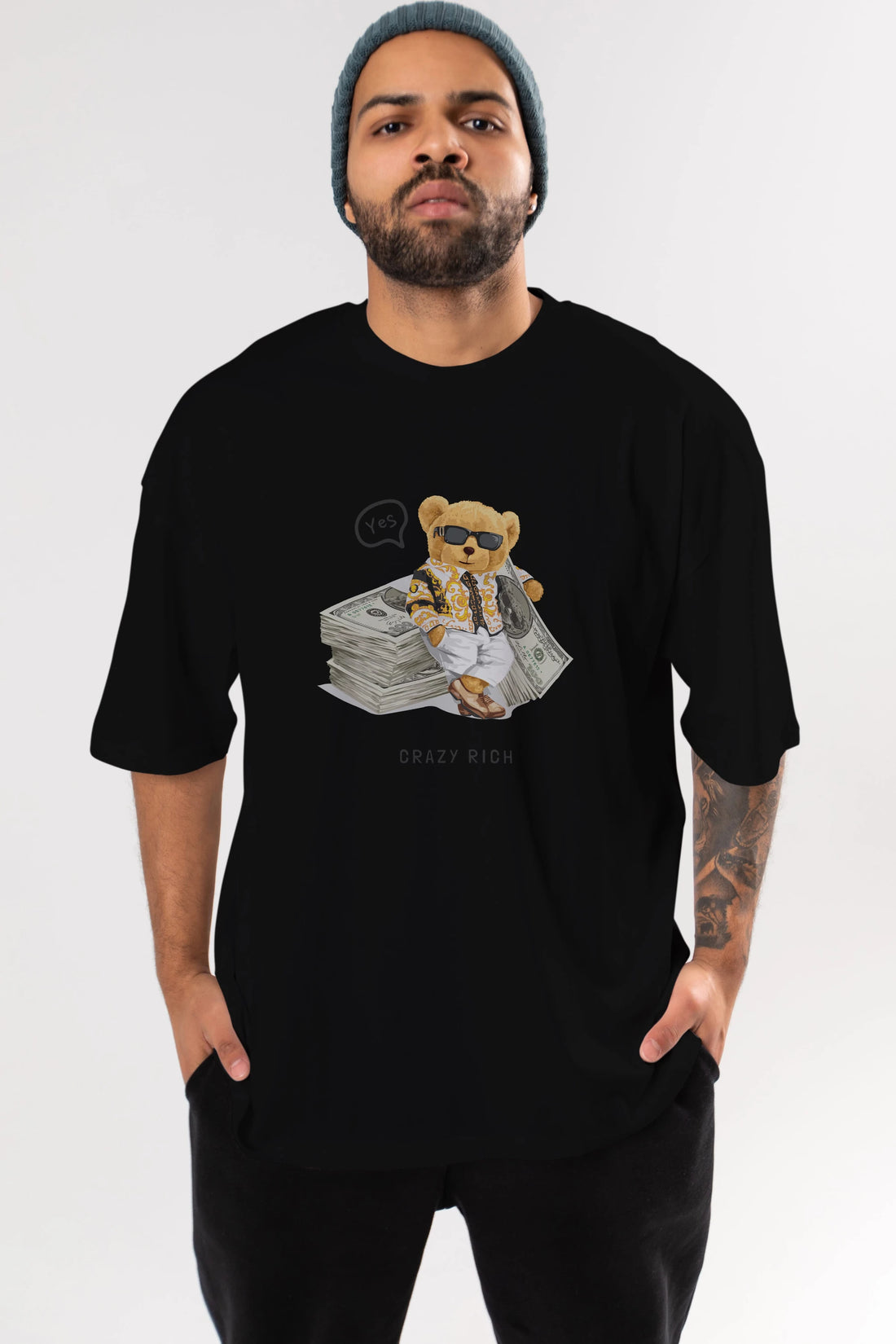 Teddy Bear Crazy Rich Ön Baskılı Oversize t-shirt Erkek Kadın Unisex %100 Pamuk