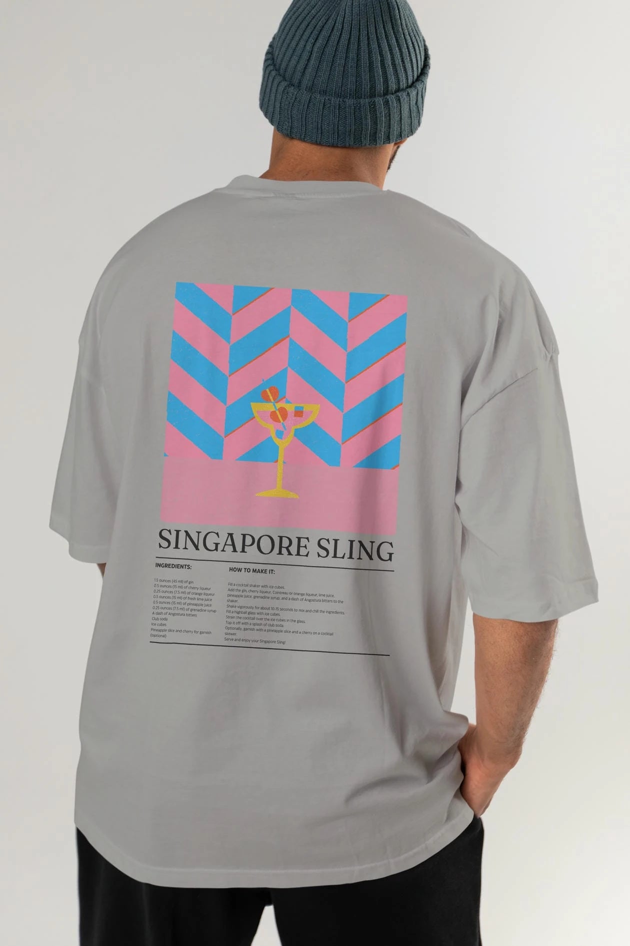 Singapore Sling Kokteyl Serisi Arka Baskılı Oversize t-shirt Erkek Kadın %100 Pamuk Bisiklet Yaka tişort