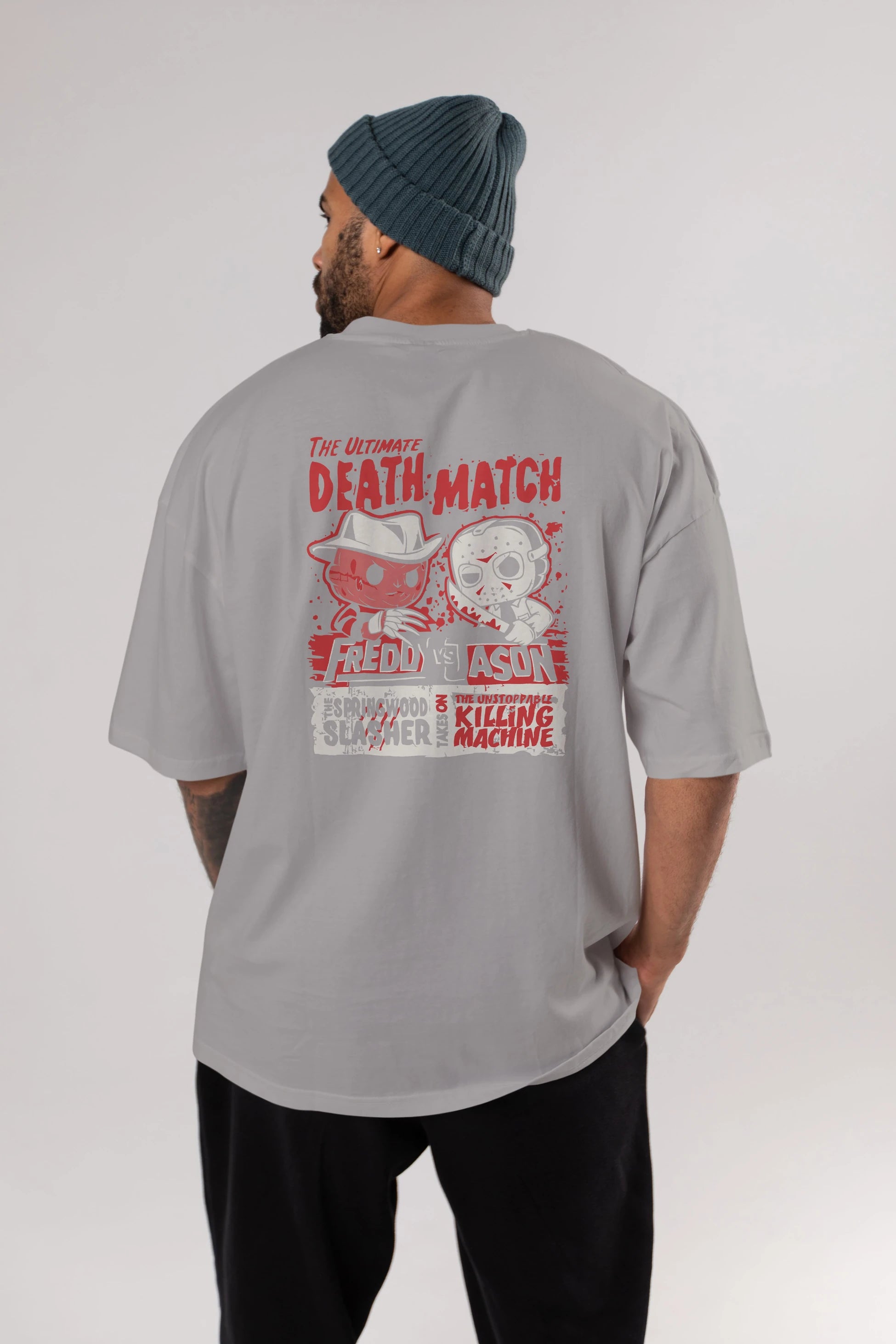 Freddy vs Jason Arka Baskılı Oversize t-shirt Erkek Kadın Unisex %100 Pamuk Bisiklet Yaka tişort