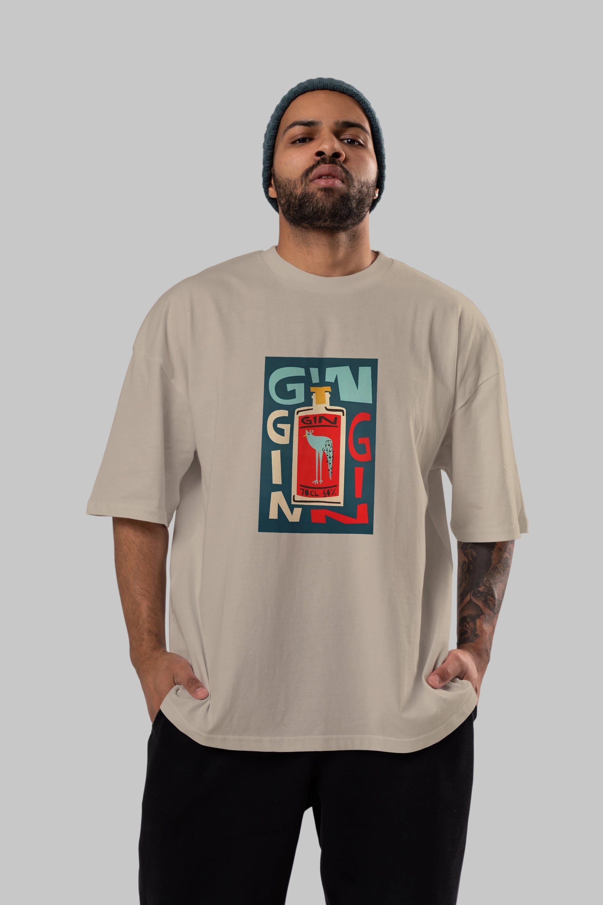 Gin 2 Ön Baskılı Oversize t-shirt Erkek Kadın Unisex %100 Pamuk Bisiklet Yaka tişort