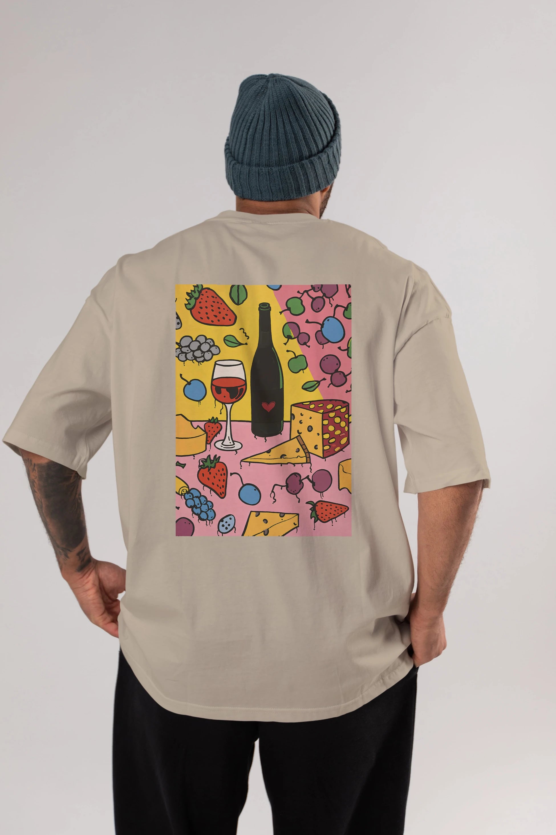Wine Cheese Fruits Arka Baskılı Oversize t-shirt Erkek Kadın Unisex %100 Pamuk Bisiklet Yaka tişort