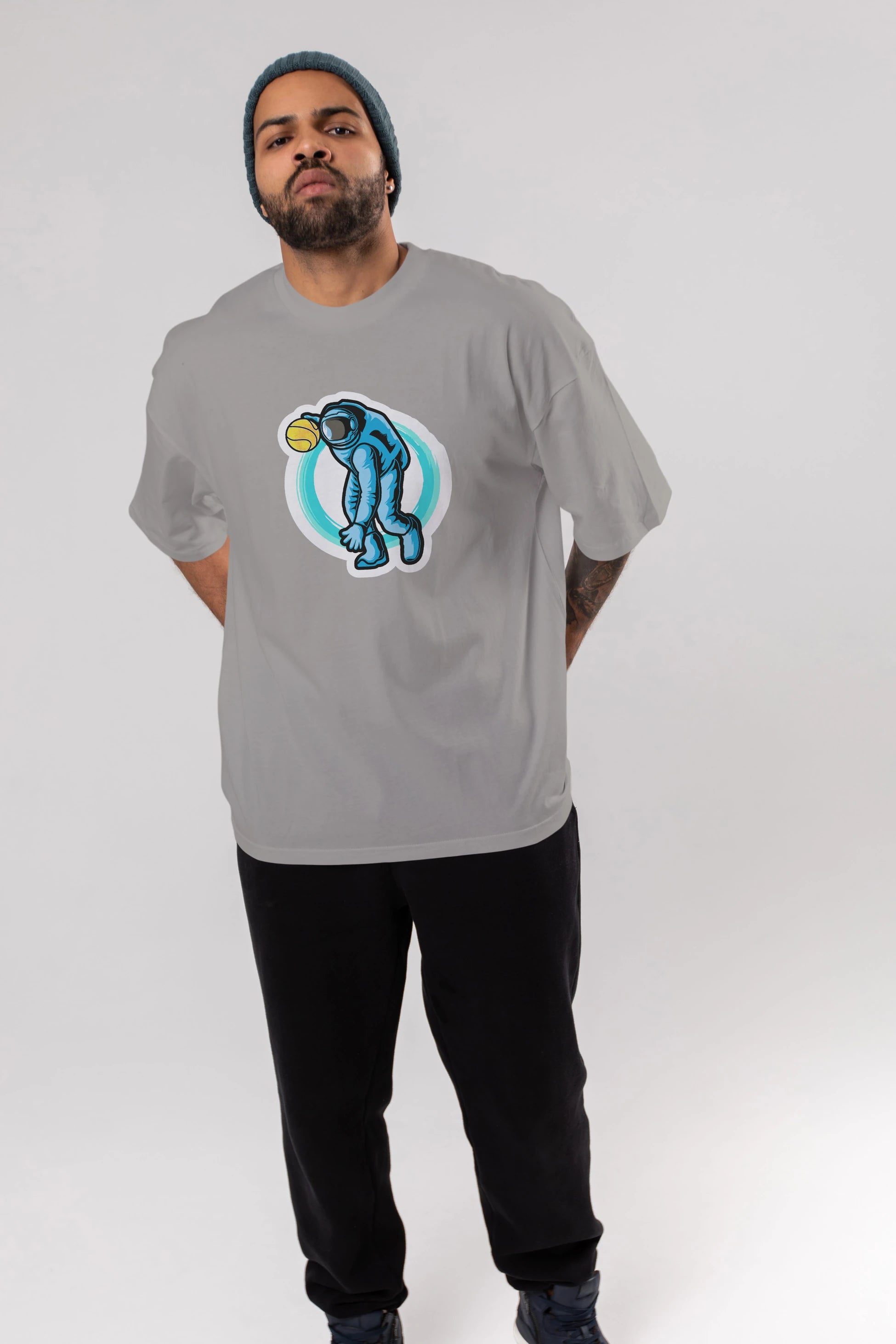 Astronaut Dribble Sticker Ön Baskılı Oversize t-shirt Erkek Kadın Unisex