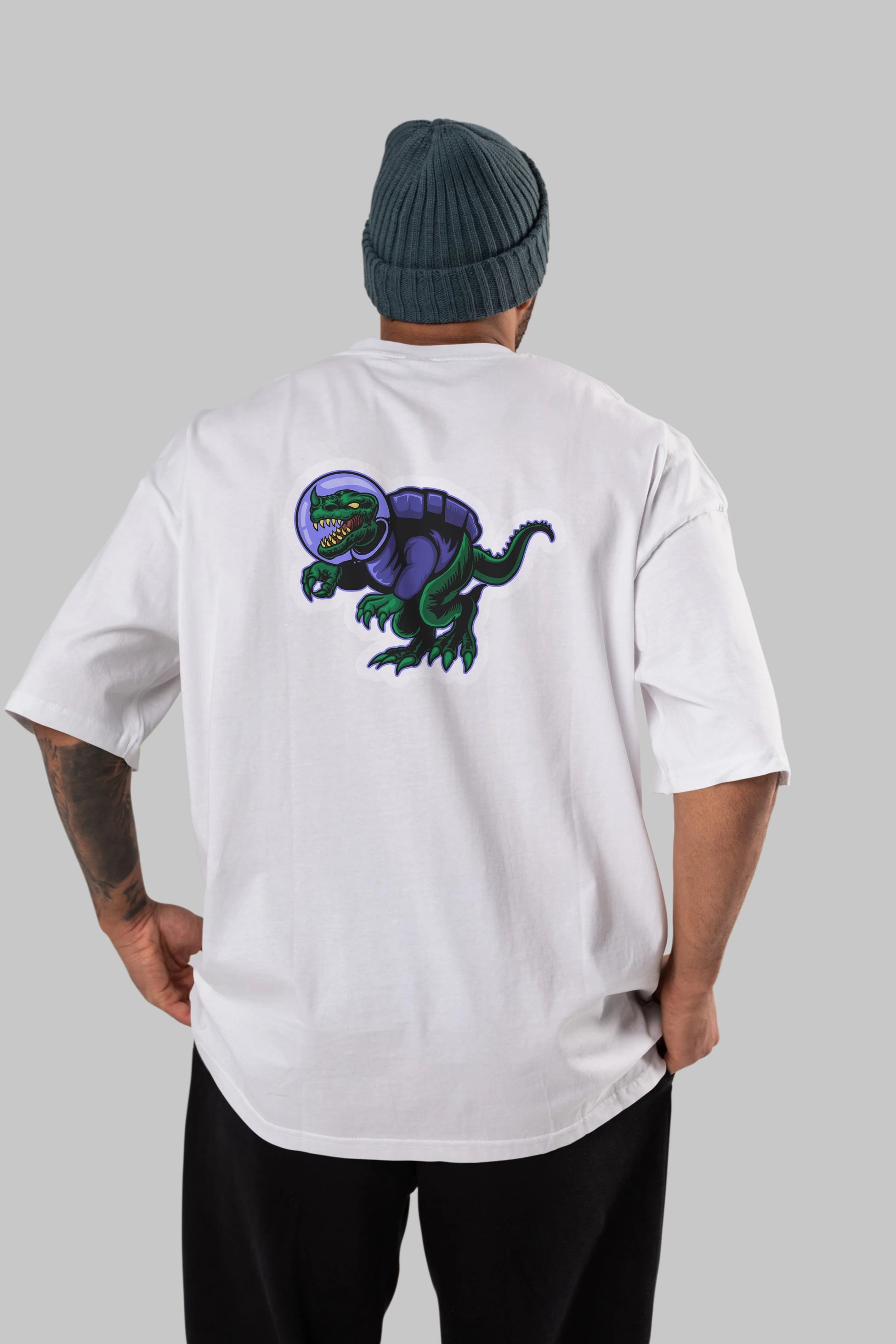 Space Dino Sticker Arka Baskılı Oversize t-shirt Erkek Kadın Unisex