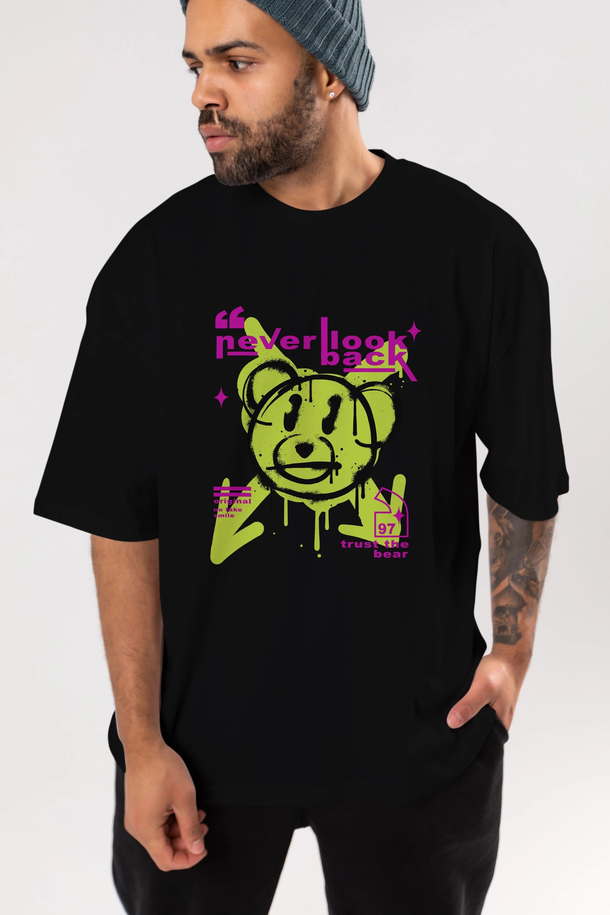 Never Look Back Bear Ön Baskılı Oversize t-shirt Erkek Kadın Unisex