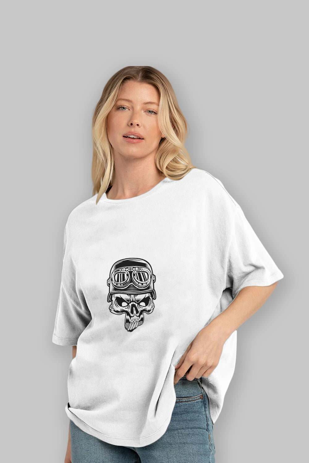 Biker Skull Helmet Ön Baskılı Oversize t-shirt Erkek Kadın Unisex %100 Pamuk tişort