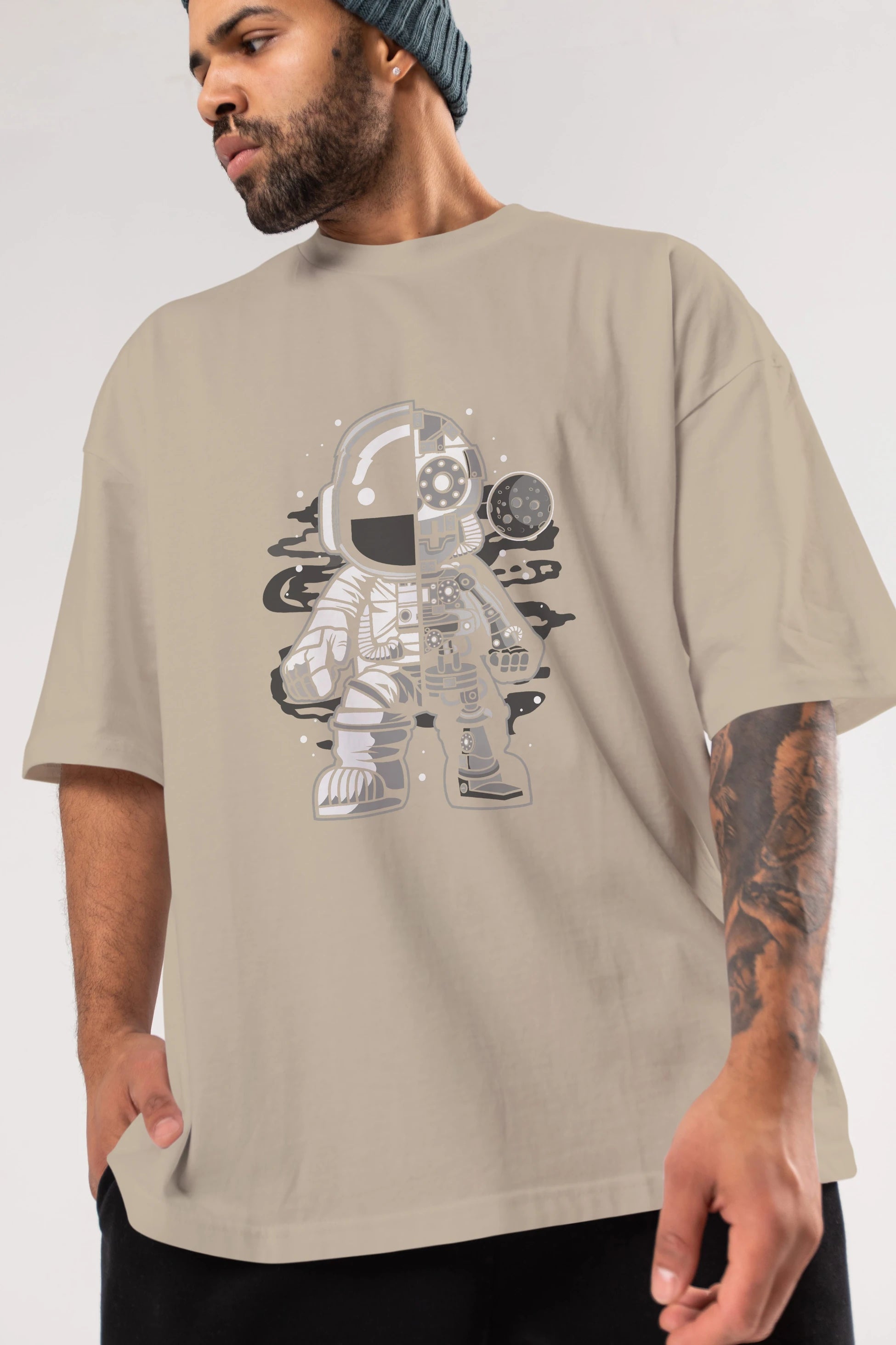 Astronaut Half Robot Ön Baskılı Oversize t-shirt Erkek Kadın Unisex