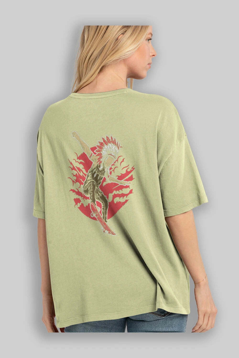 Indian Chief Skateboard Arka Baskılı Oversize t-shirt Erkek Kadın Unisex %100 Pamuk