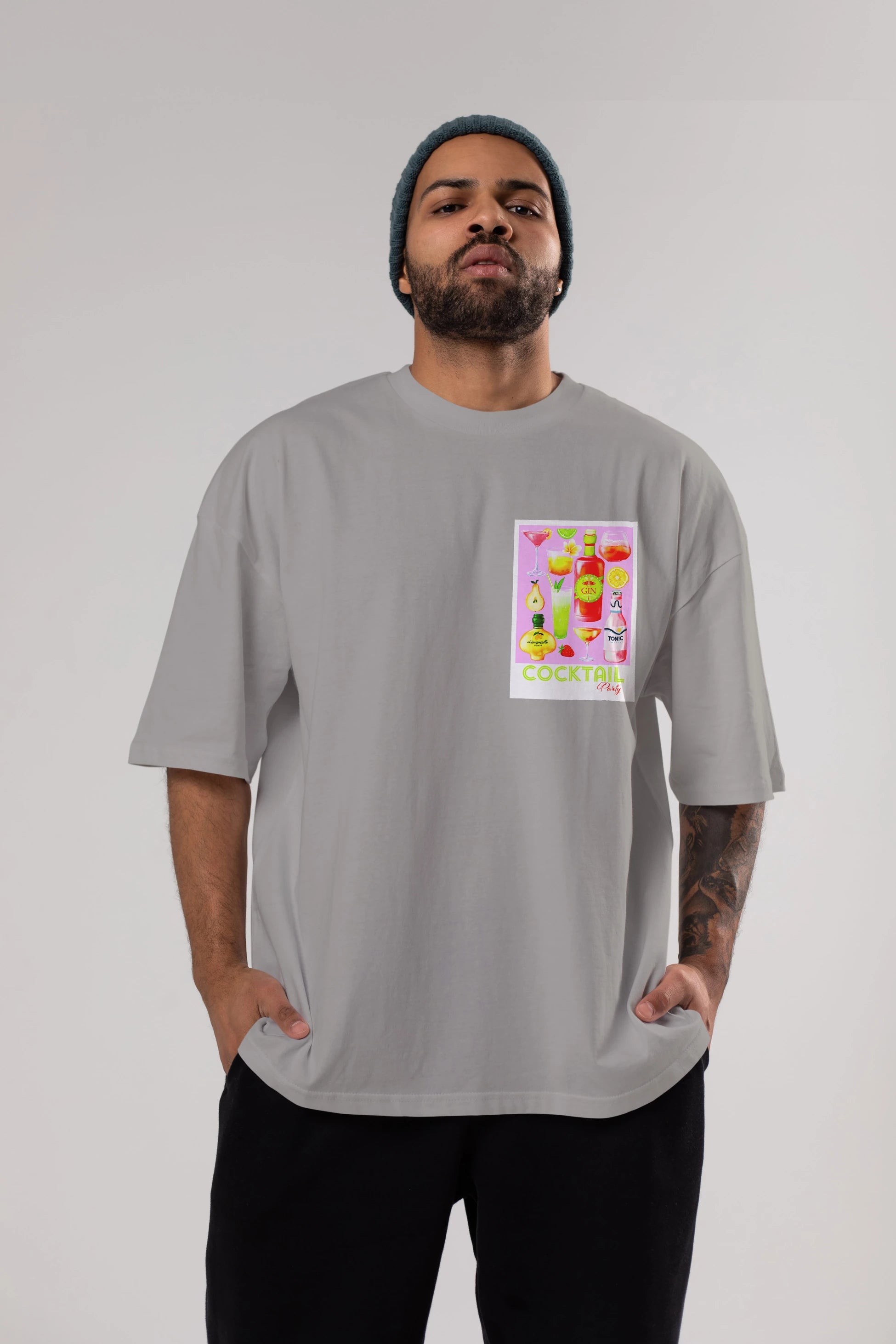 Cocktail Party Ön Sol Baskılı Oversize t-shirt Erkek Kadın Unisex %100 Pamuk Bisiklet Yaka tişort