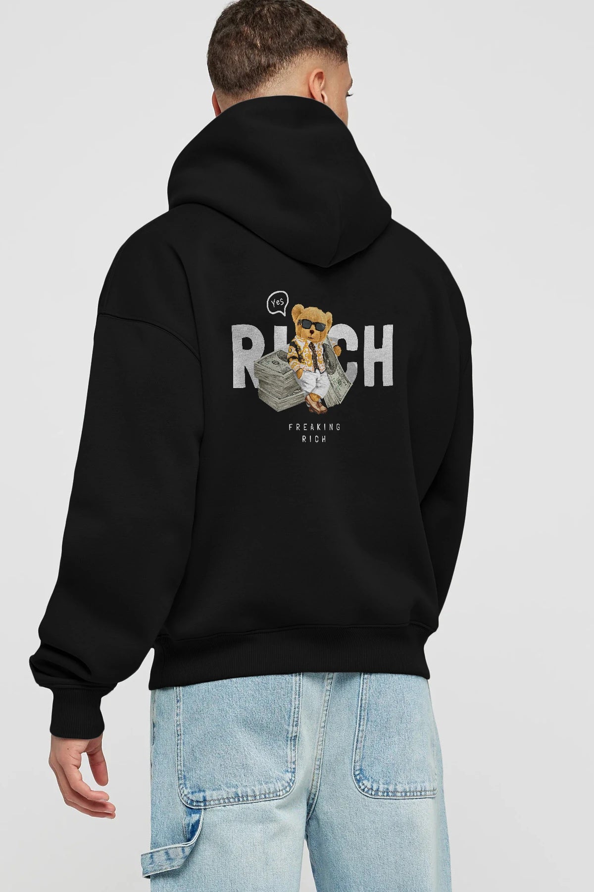 Teddy Bear Freakıng Rich Arka Baskılı Hoodie Oversize Kapüşonlu Sweatshirt Erkek Kadın Unisex