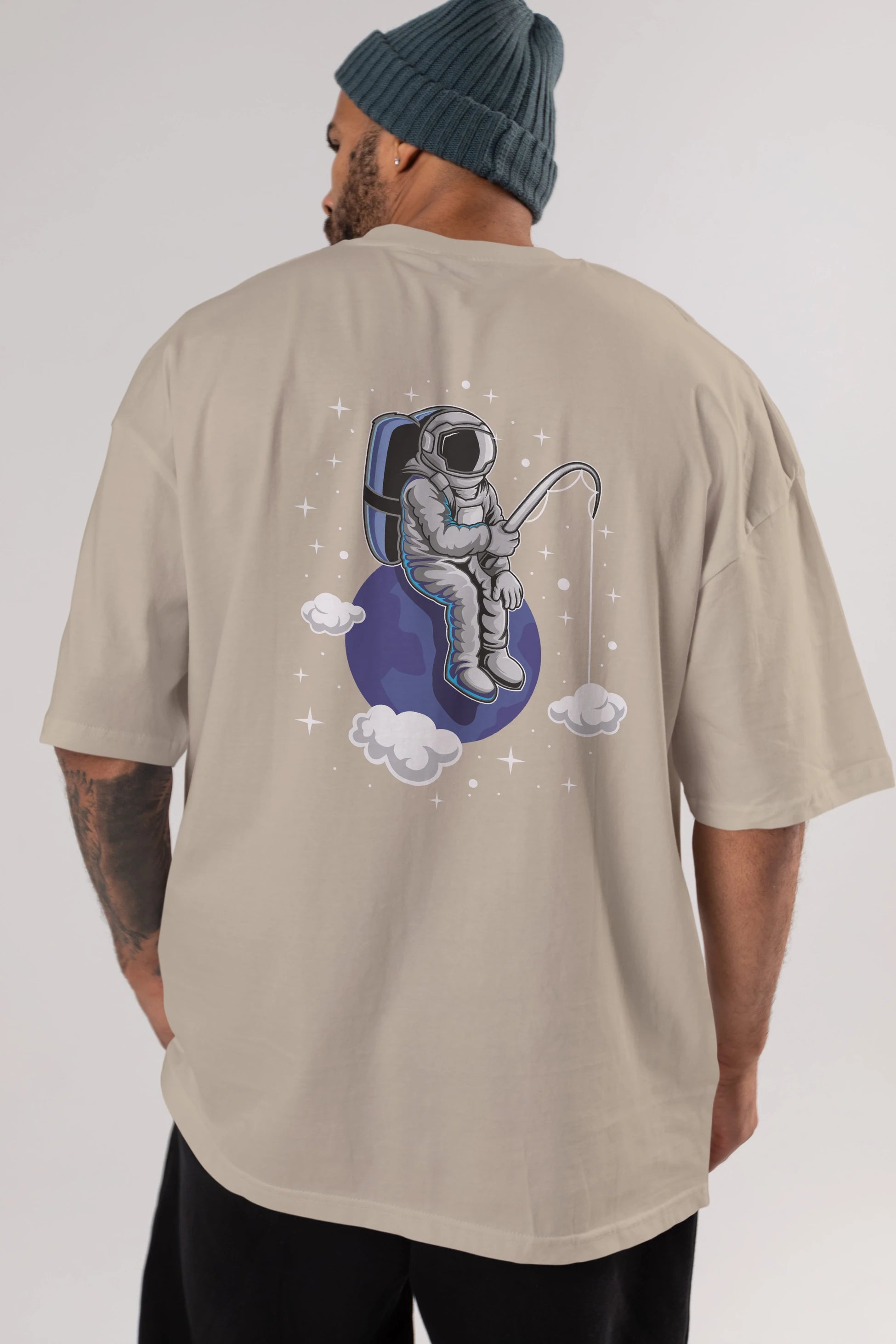 Astronaut Fishing (2) Arka Baskılı Oversize t-shirt Erkek Kadın Unisex