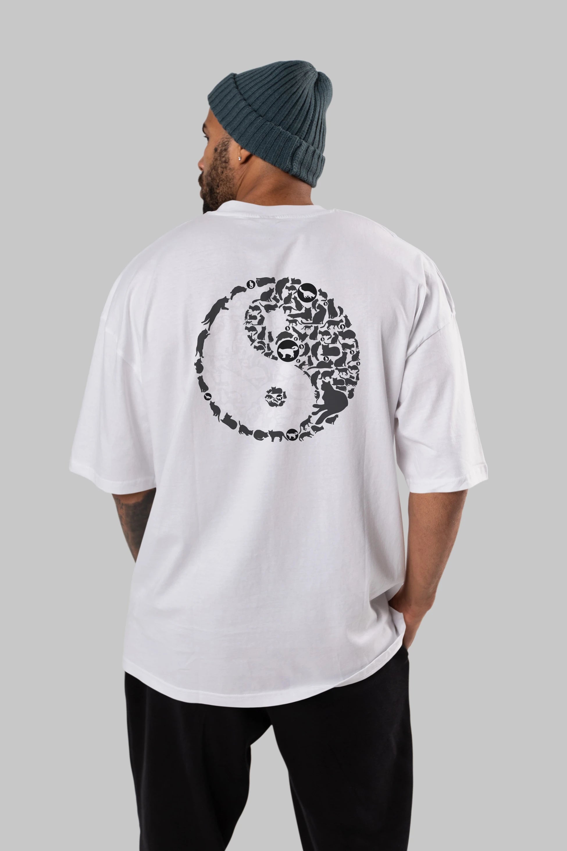 YinYang Cats Arka Baskılı Oversize t-shirt %100 pamuk Erkek Kadın Unisex