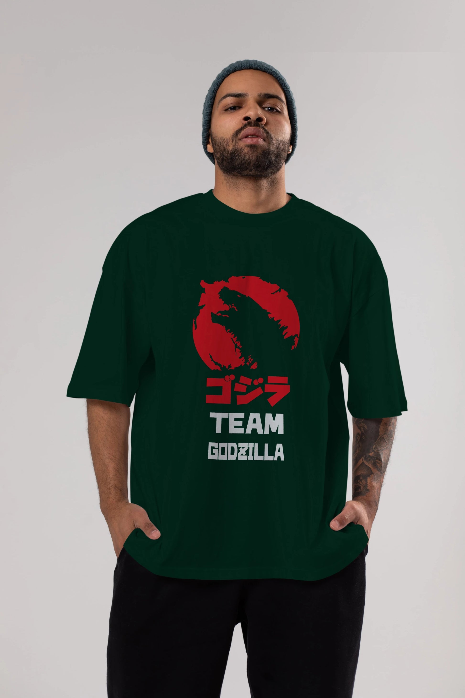Team Godzilla Ön Baskılı Oversize t-shirt Erkek Kadın Unisex %100 Pamuk Bisiklet Yaka tişort