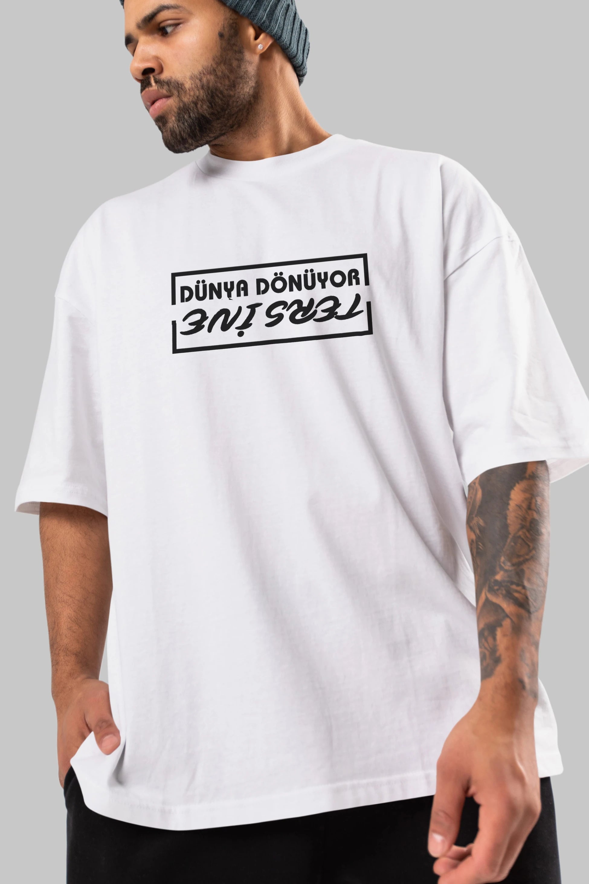 Dünya Dönüyor Tersine Ön Baskılı Oversize t-shirt %100 pamuk Erkek Kadın Unisex