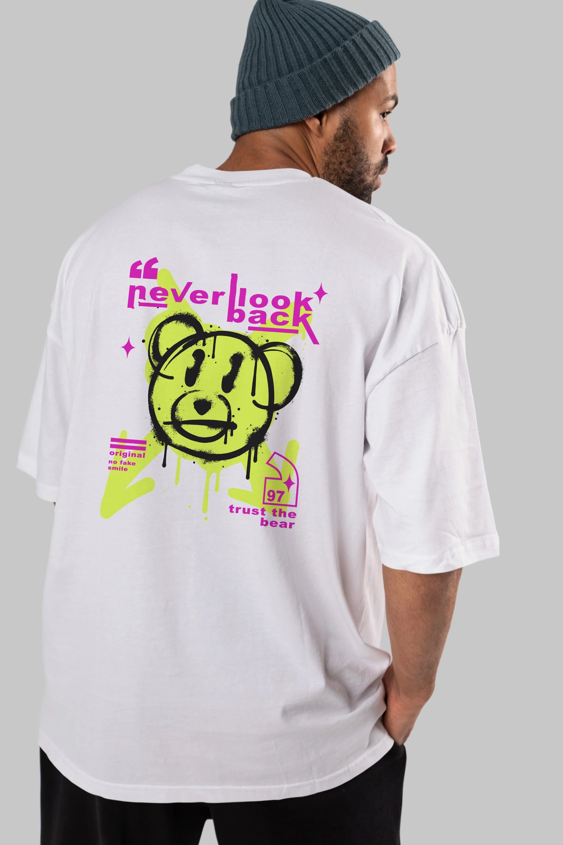 Never Look Back Bear Arka Baskılı Oversize t-shirt Erkek Kadın Unisex