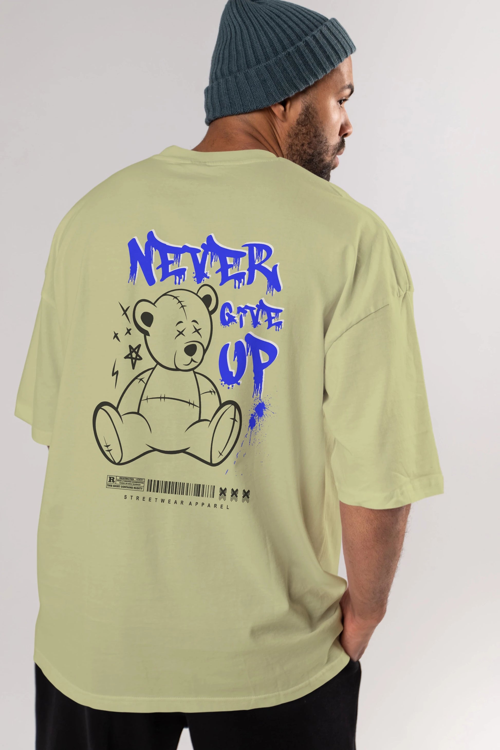Teddy Bear Never Give Up Arka Baskılı Oversize t-shirt Erkek Kadın Unisex
