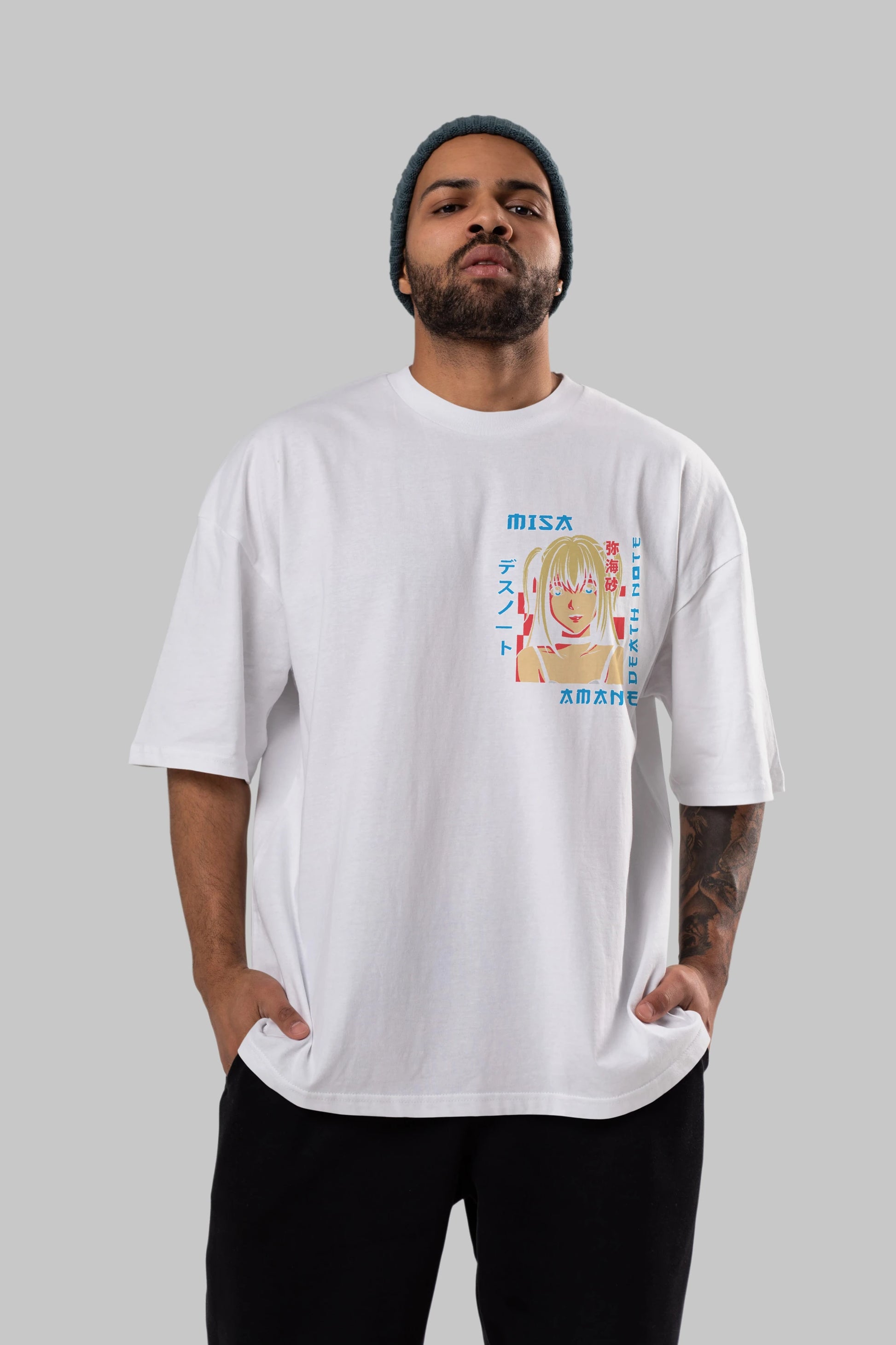 MISA-DEATH NOTE Ön Sol Baskılı Oversize t-shirt Erkek Kadın Unisex %100 Pamuk Bisiklet Yaka tişort