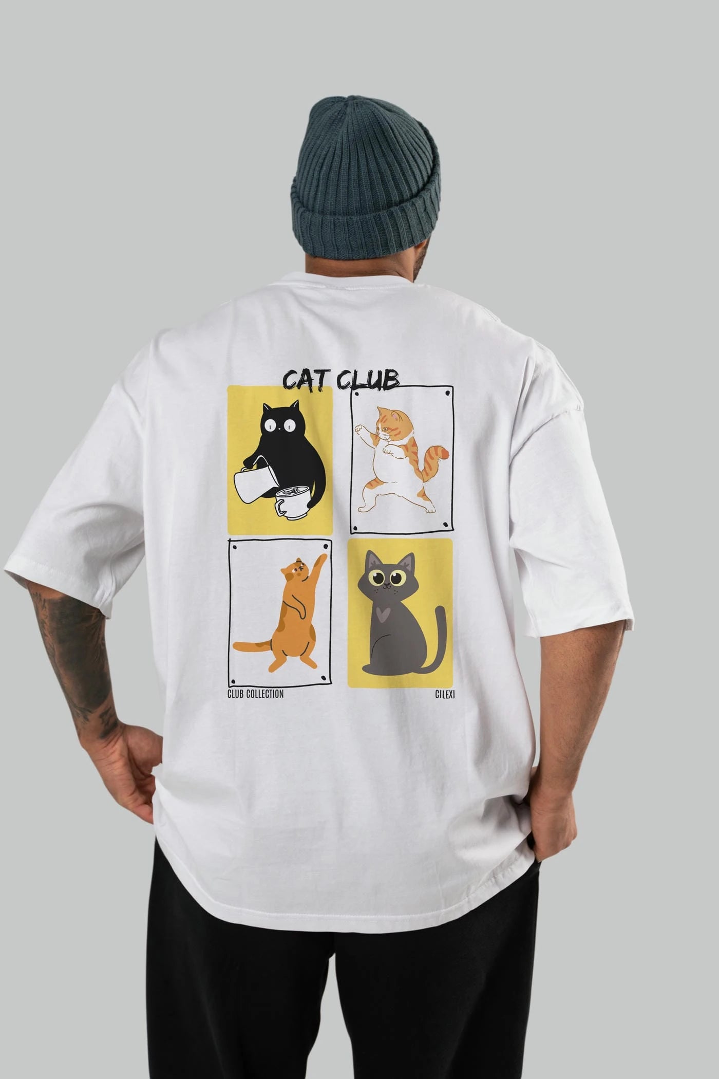 Cat Club Arka Baskılı Oversize t-shirt Erkek Kadın %100 Pamuk Bisiklet Yaka tişort