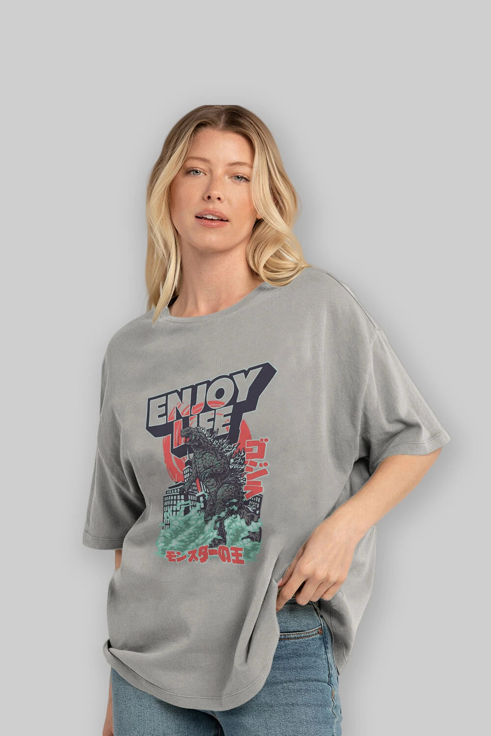 Godzilla Ön Baskılı Oversize t-shirt Erkek Kadın Unisex %100 Pamuk Bisiklet Yaka tişort