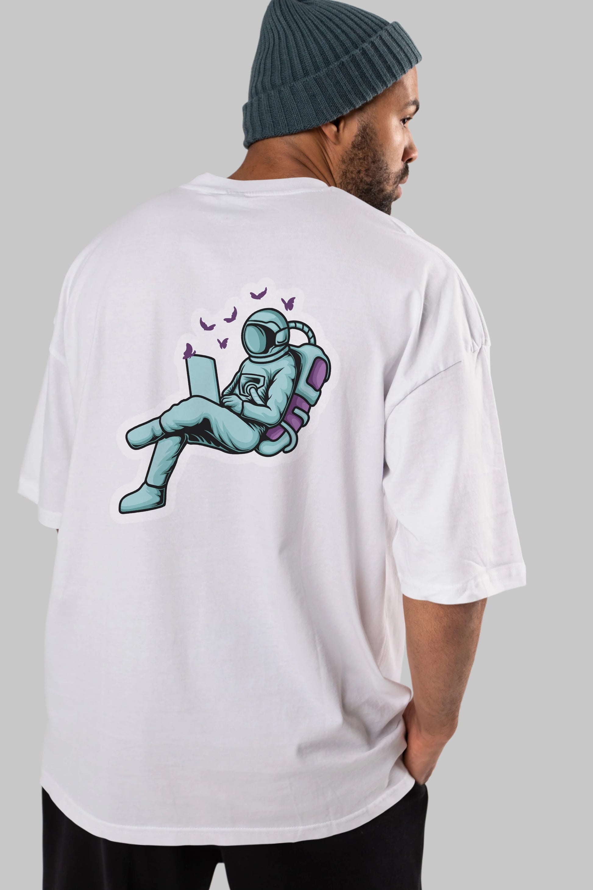 Work with Butterflies in Space Sticker Arka Baskılı Oversize t-shirt Erkek Kadın Unisex
