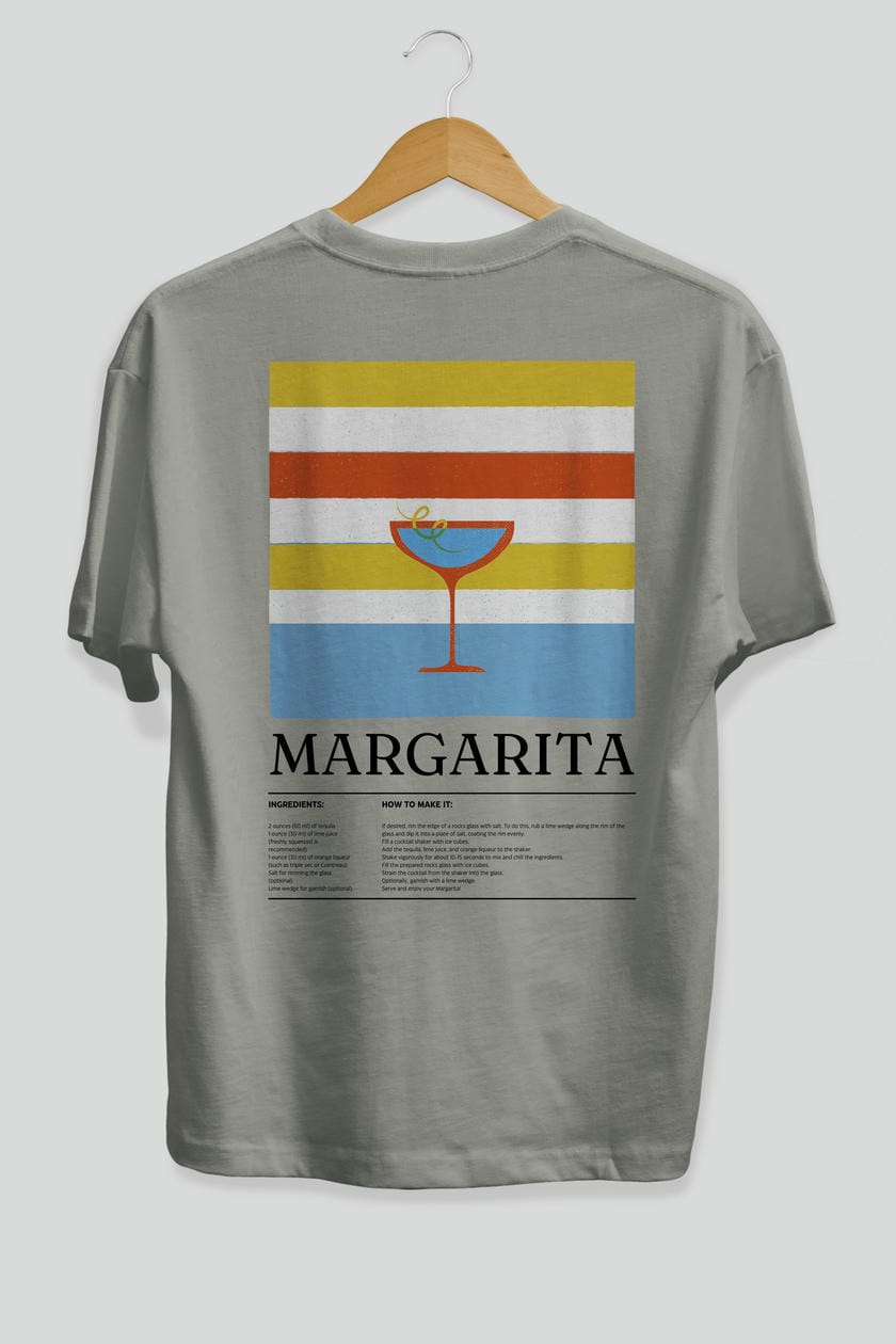 Margarita Kokteyl Serisi Arka Baskılı Oversize t-shirt Erkek Kadın %100 Pamuk Bisiklet Yaka tişort
