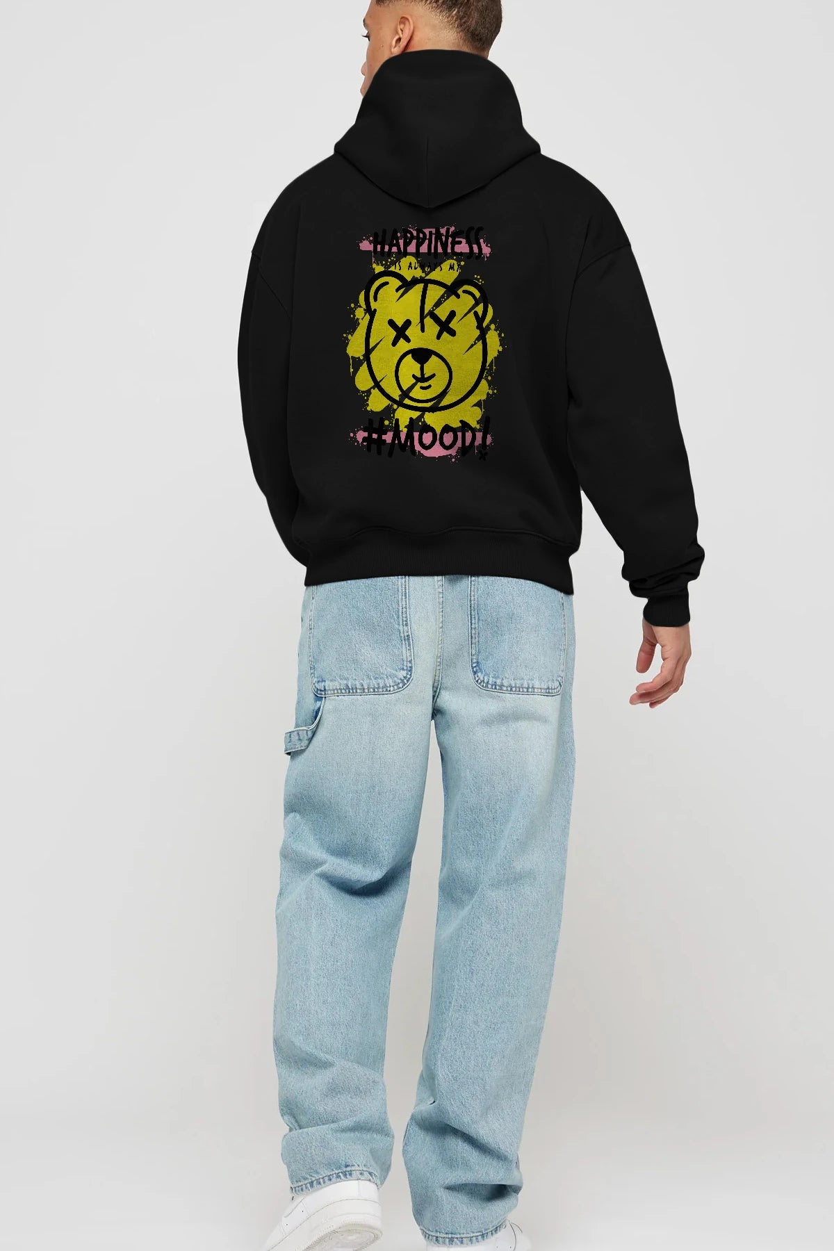 Happiness Mood Bear Arka Baskılı Hoodie Oversize Kapüşonlu Sweatshirt Erkek Kadın Unisex