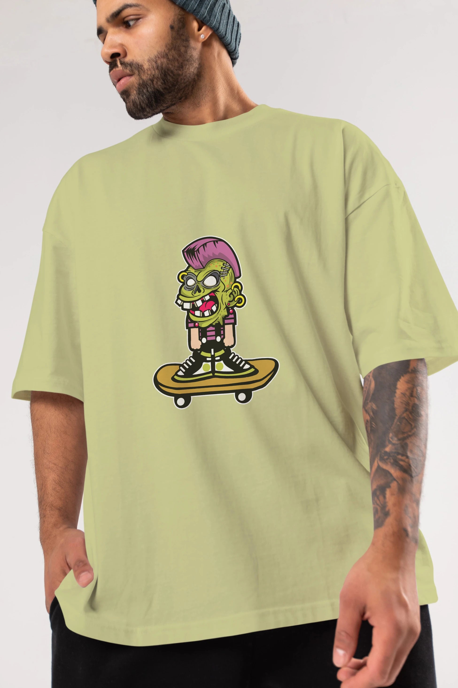 Zombie Punk Skater Ön Baskılı Oversize t-shirt Erkek Kadın Unisex %100 Pamuk tişort