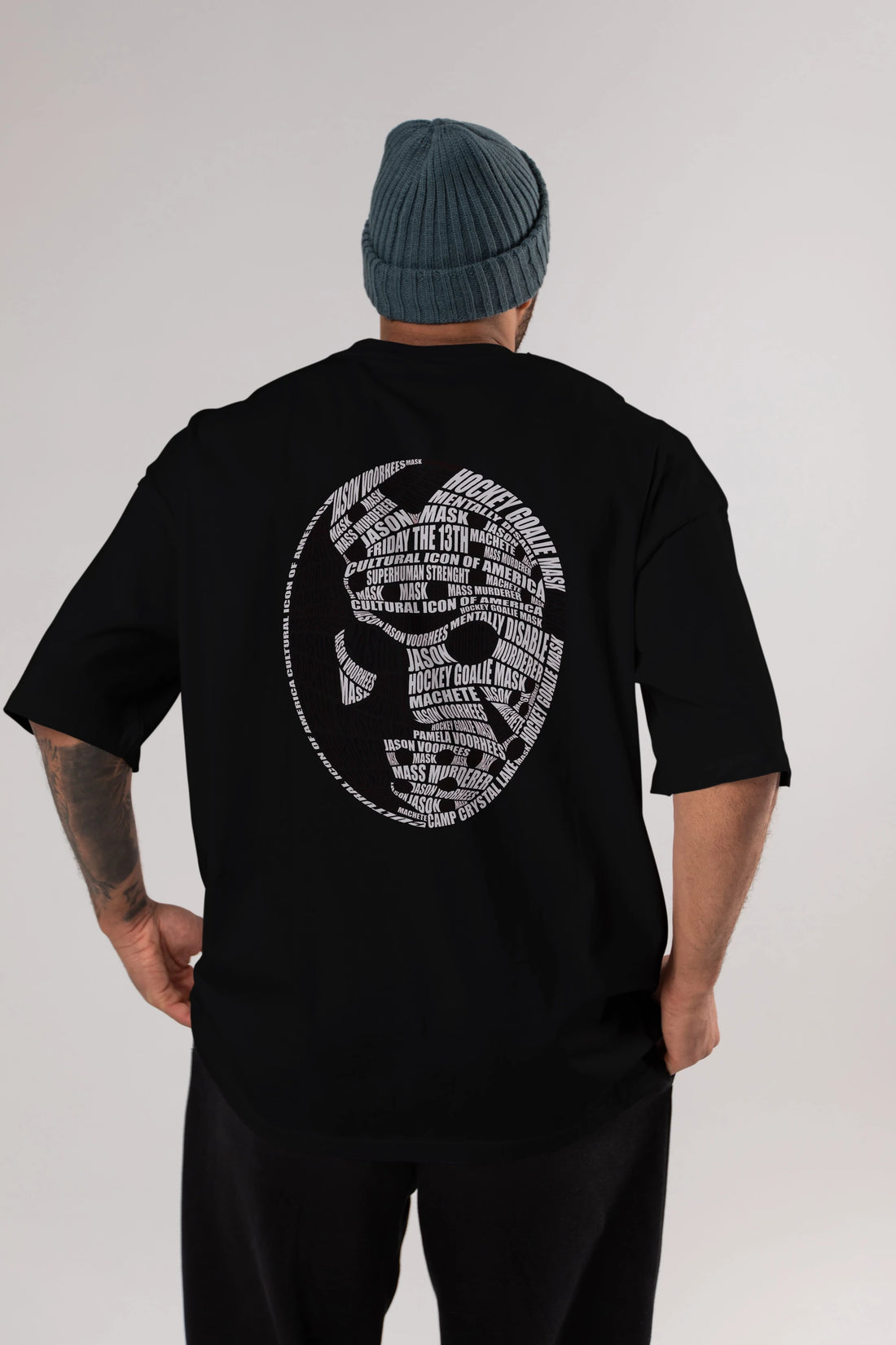 Jason Voorhees Calligram Arka Baskılı Oversize t-shirt %100 pamuk Erkek Kadın Unisex