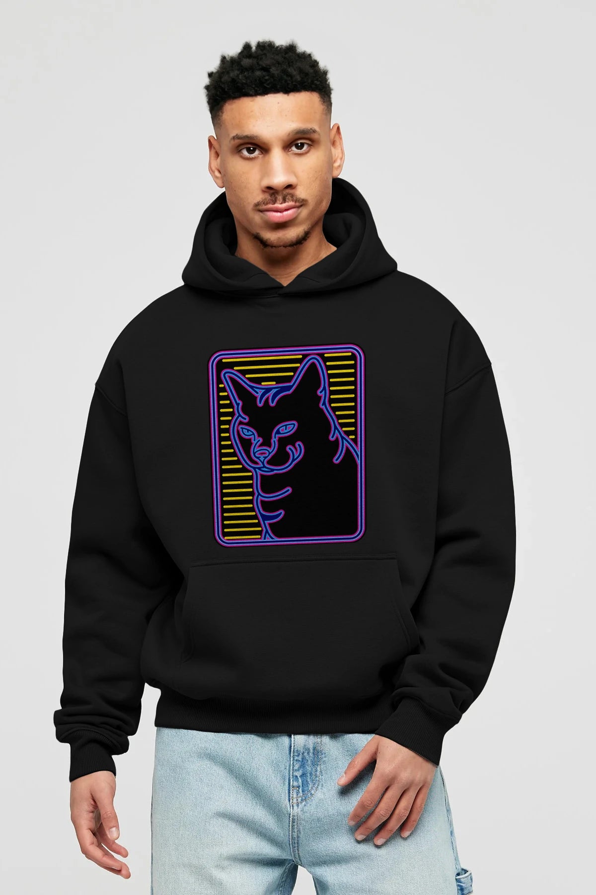 Neon Cat Ön Baskılı Hoodie Oversize Kapüşonlu Sweatshirt Erkek Kadın Unisex